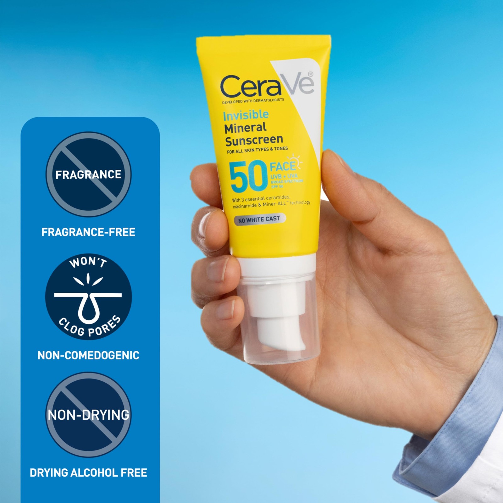 CeraVe Invisible Mineral Sunscreen SPF 50, Face 1.62 Fl Oz (Pack of 1), White