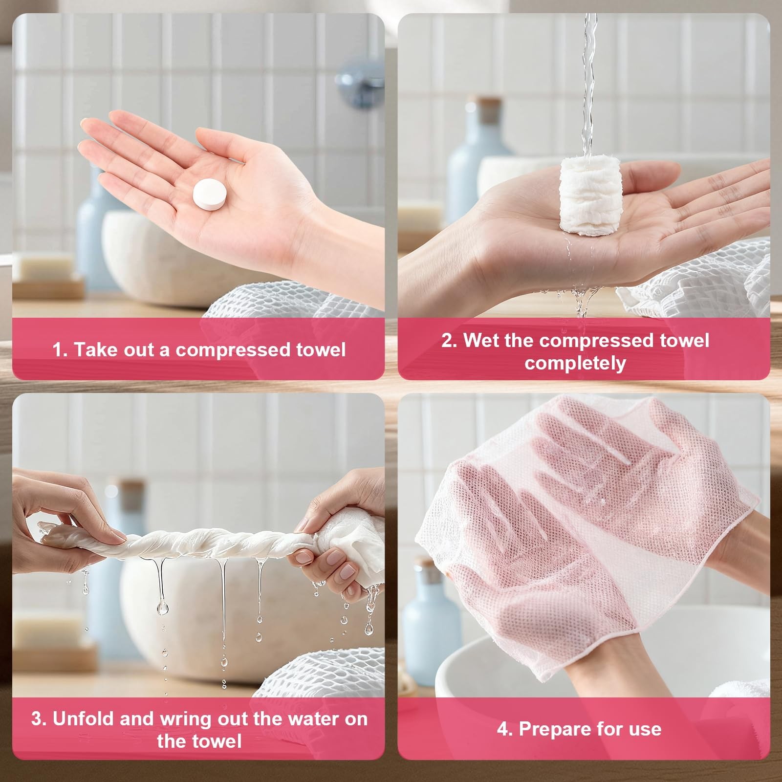 150Pcs Compressed Towel Tablets, Portable Mini 1 Count (Pack of 150), Pink