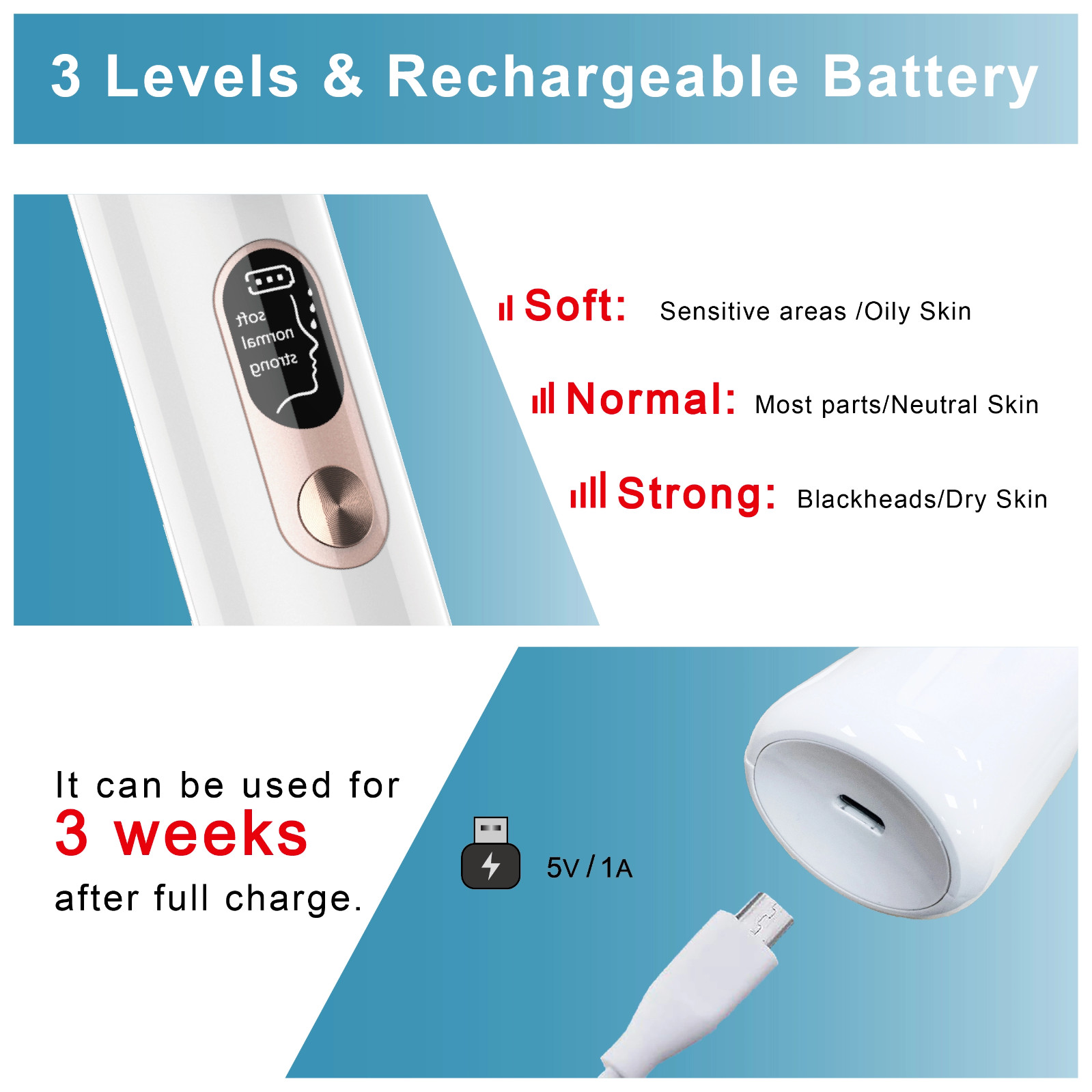 Blackheads Remover Pore Acne Rechargeable 4suctions Face Cleansing Device