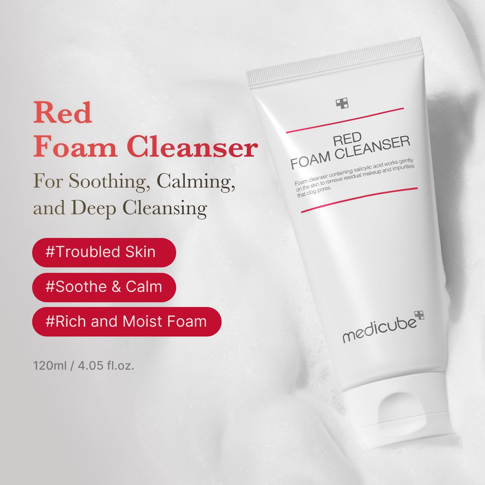 medicube Facial Cleanser Red Foam 4.08 Fl Oz (Pack of 1), Salicylic Acid(BHA)