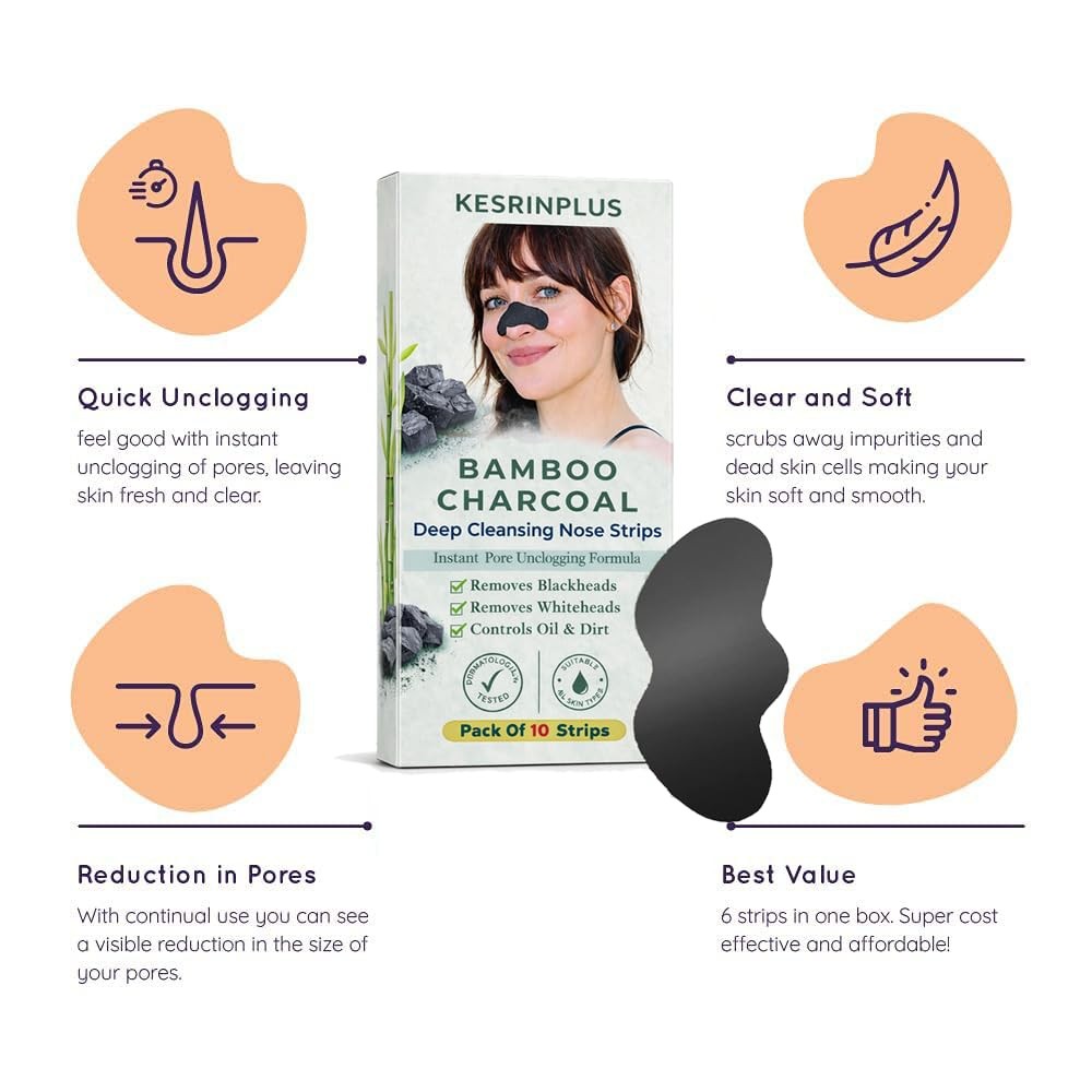 Kesrinplus Bamboo Charcoal Nose Pore Strips – 10 PCS Blackhead Remover