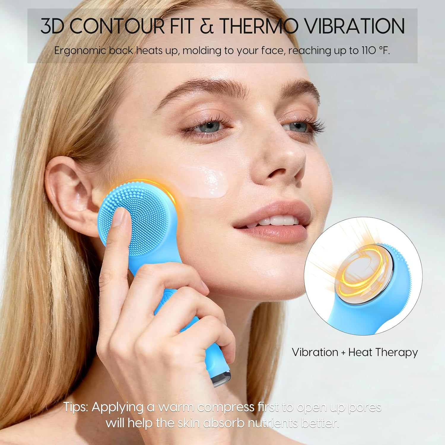 Silicone Facial Cleansing Brush, Portable Electric Face Scrubber with Heat and V
