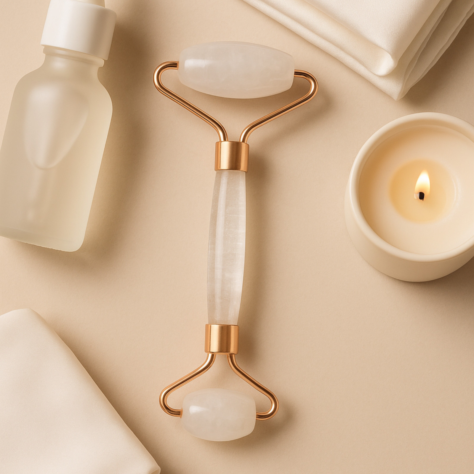 Natural Clear Quartz Facial Roller, Natural Stone, Gold-Toned Frame