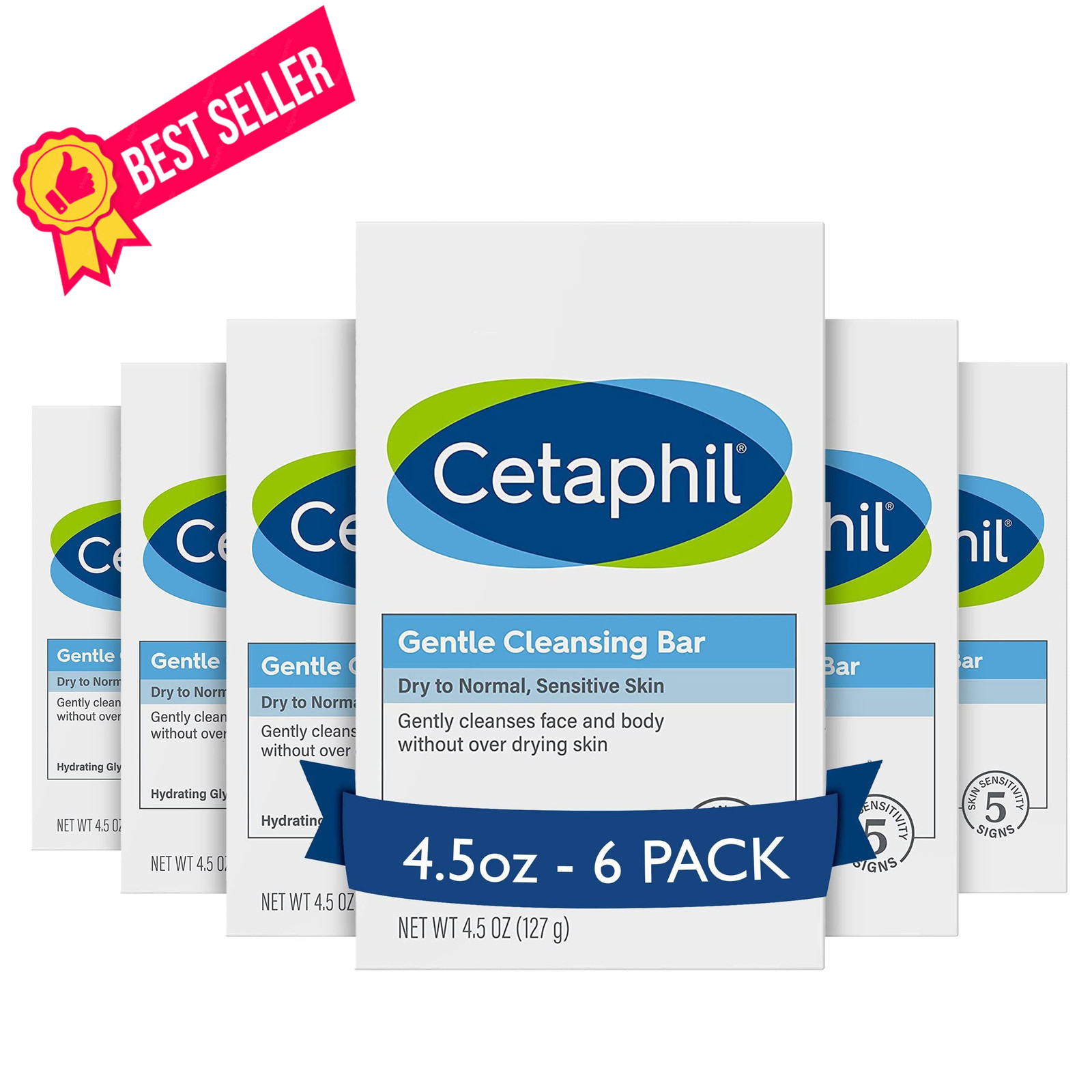 Cetaphil Gentle Cleansing Face and Body Bar, 4.5 Ounce (Pack of 6), white