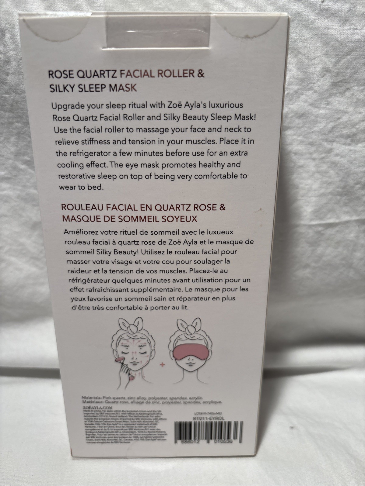 Zoe Ayla Luxurious Rose Quartz Facial Roller With Silky Sleep Mask New In Box