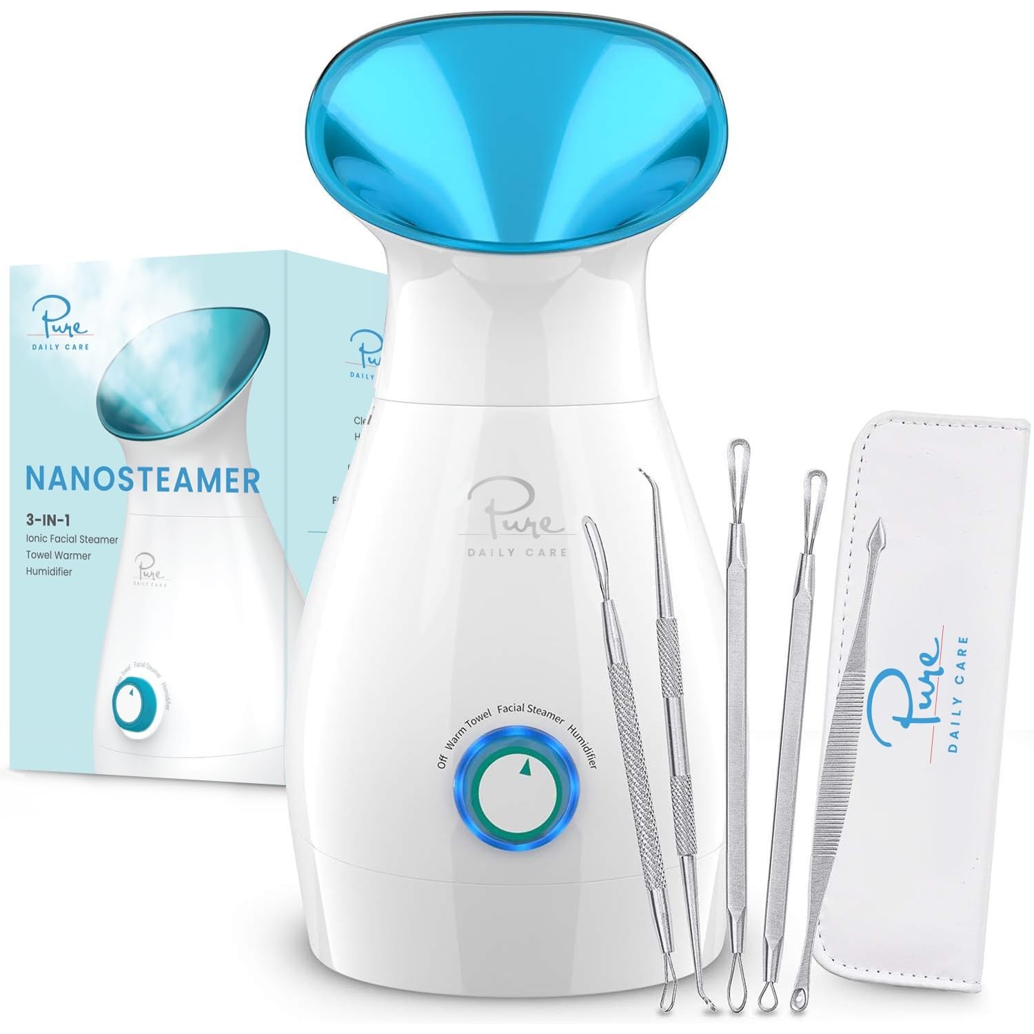 Large 3-in-1 Nano Ionic Facial Steamer – Humidifier, Temp Control, Spa Quality,