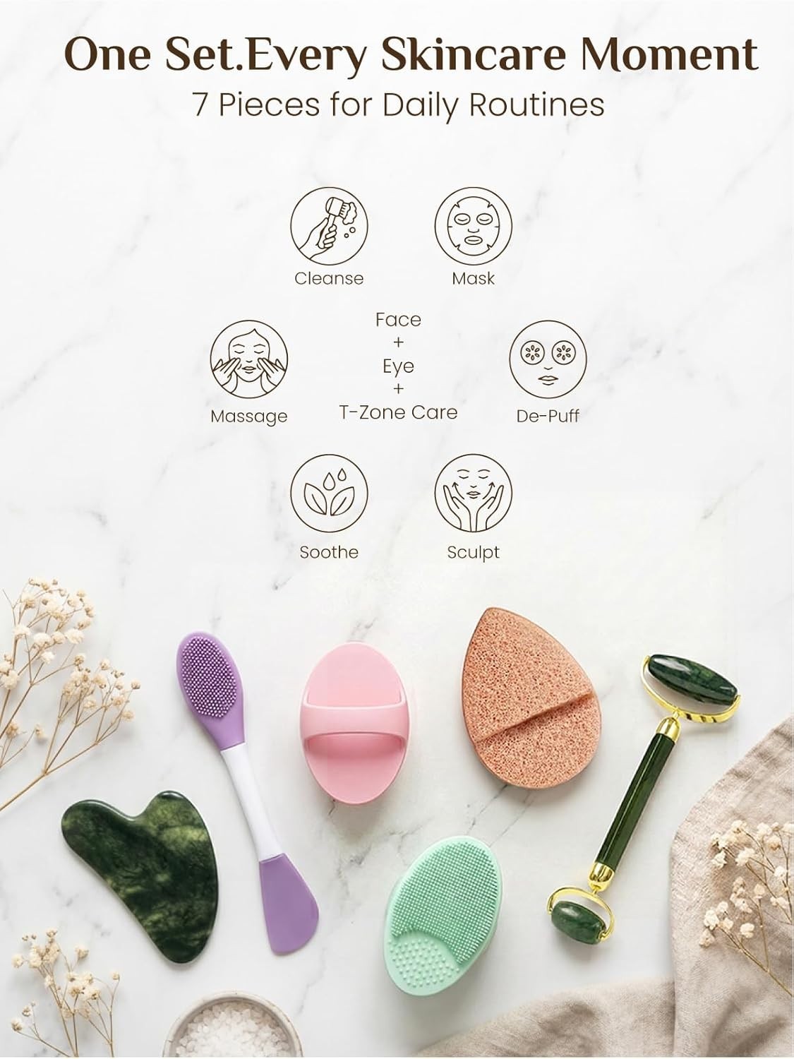 Face Roller Set Skin Care Tools Cleansing Brush Silicone Pads Travel Bag