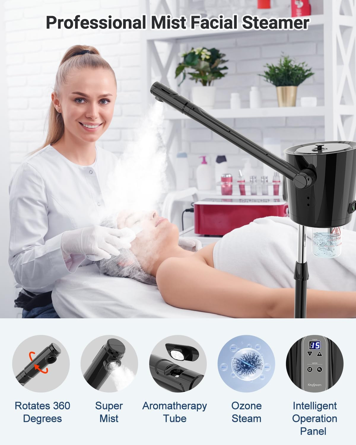 Professional Facial Steamer with Ozone – Ionic Nano Hot Mist Steamer with Large