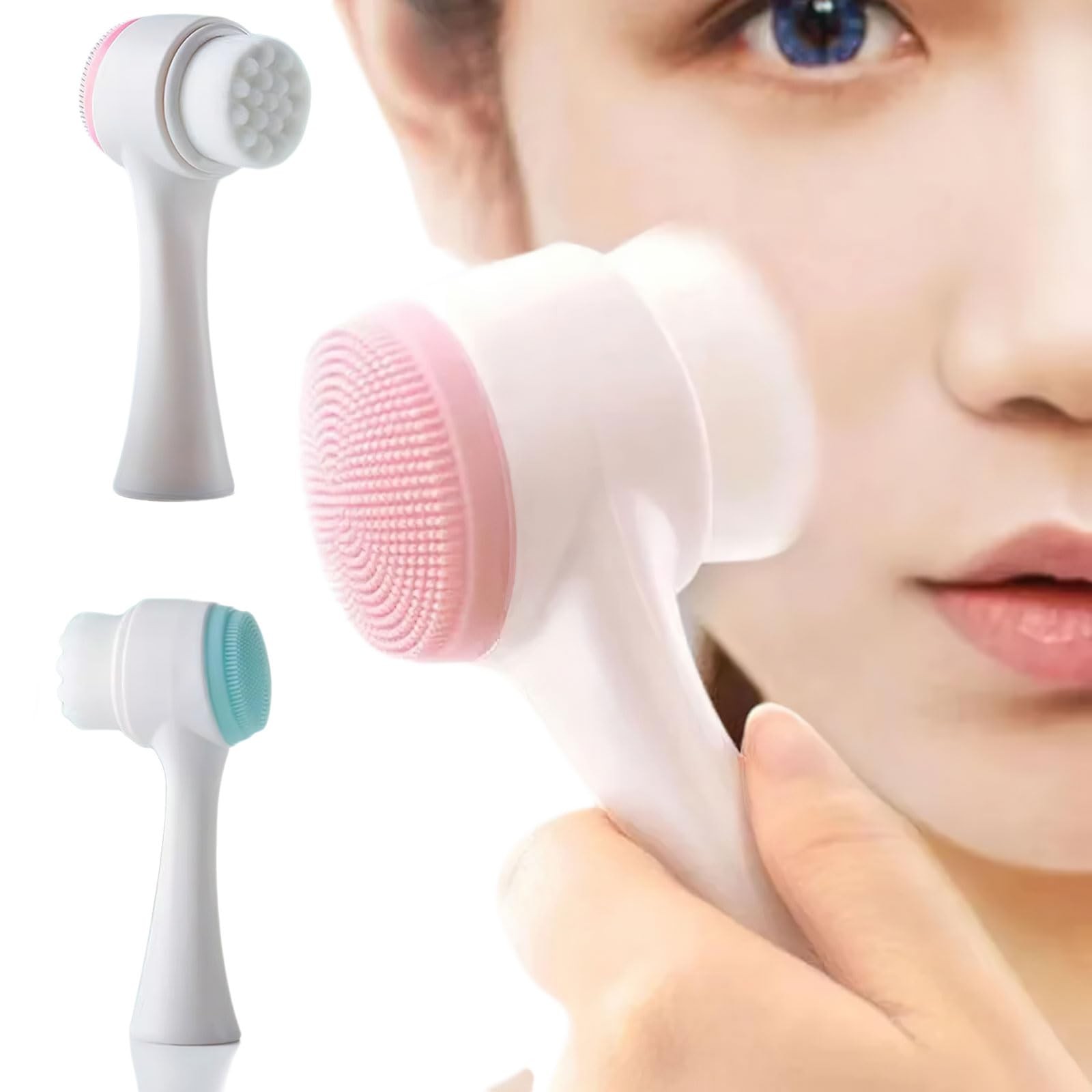 2 Pcs Face Washing Brushes, 2 in 1 Silicone Facial Cleansing Brush with Pink