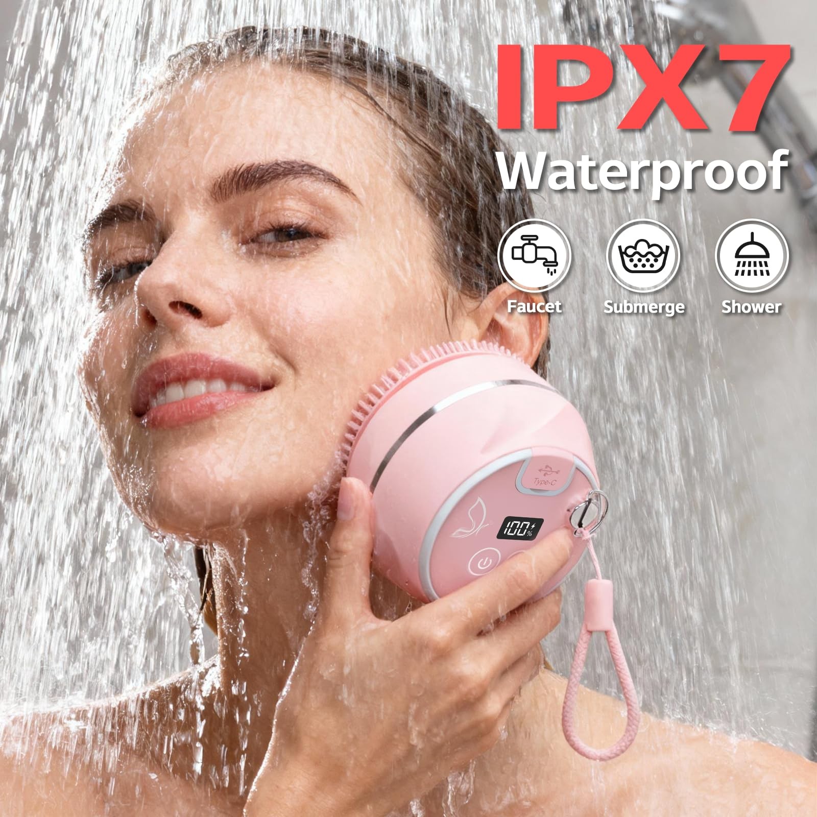 Peledic Face Cleansing Brush, Waterproof Silicone Facial Pink