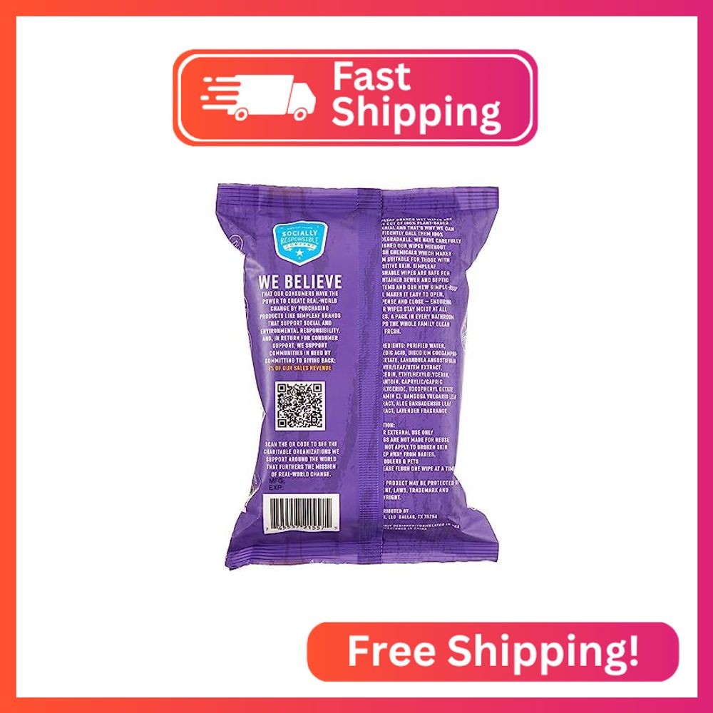 Simpleaf Flushable Wet Wipes Lavender| Eco-Friendly, Paraben & Alcohol Free | Hy