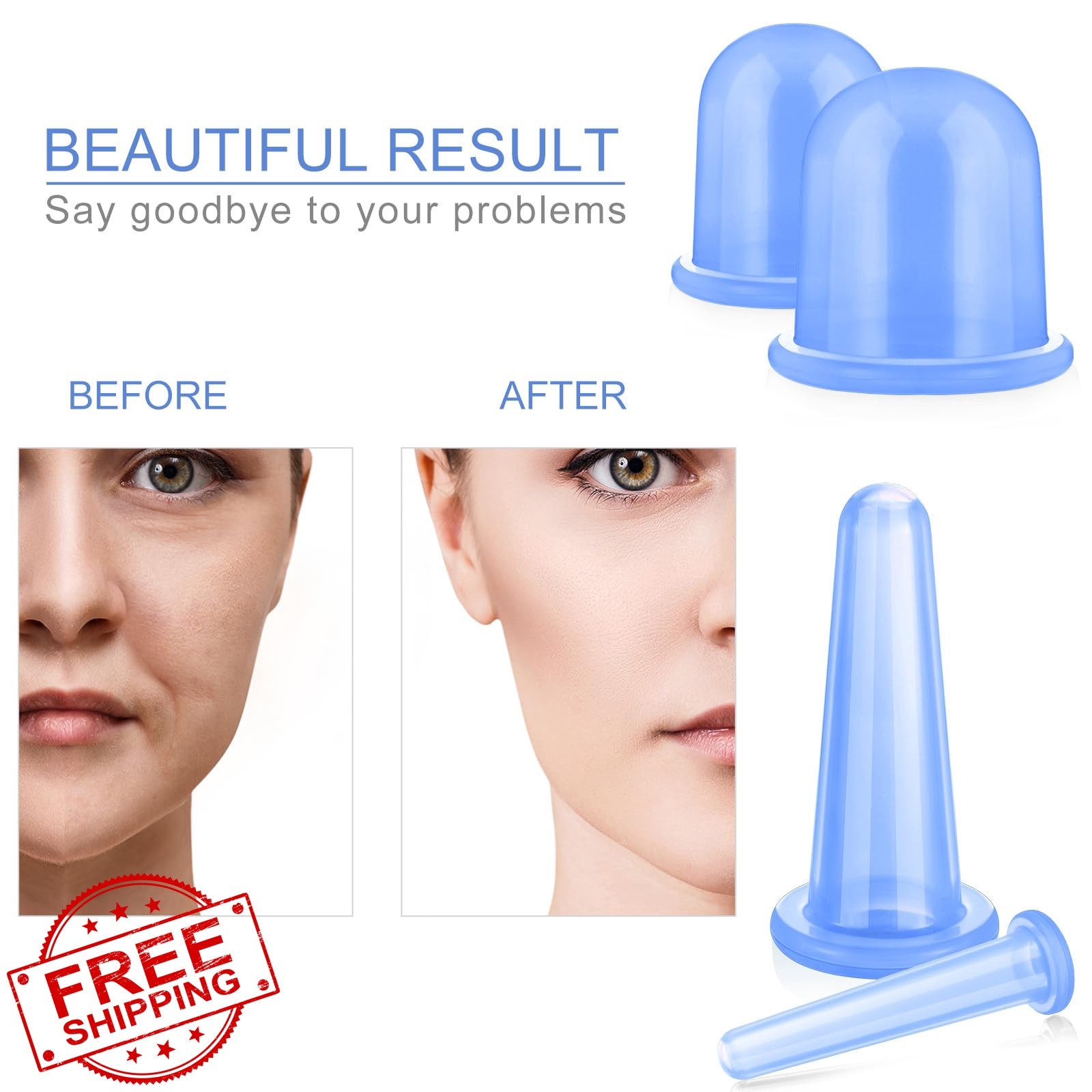 BBTO Blue Silicone Facial Cupping Set 6 Cups Brush