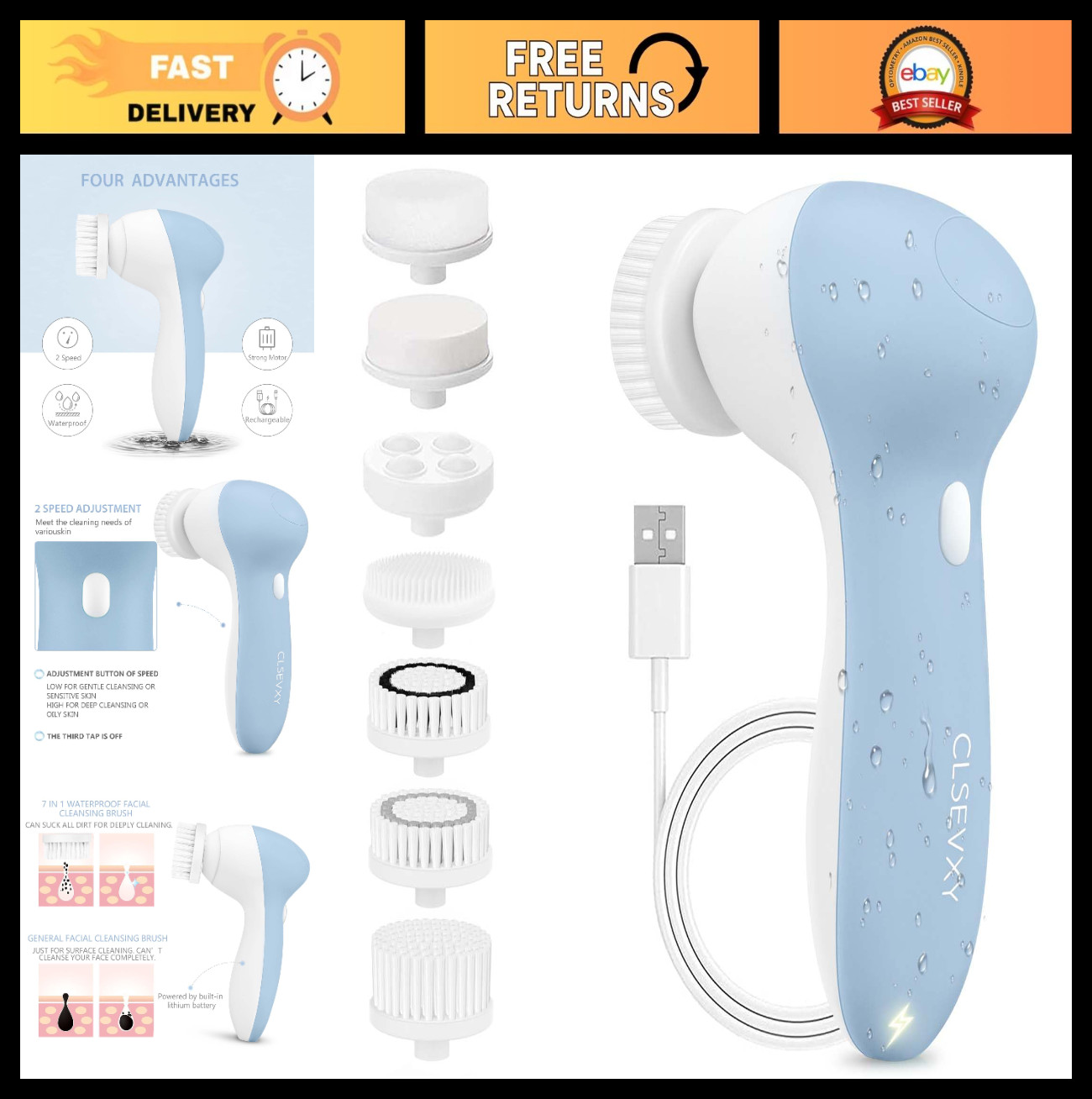 Rechargeable Facial Cleansing Spin Brush Set – 7 Exfoliating Heads, Deep Clean &