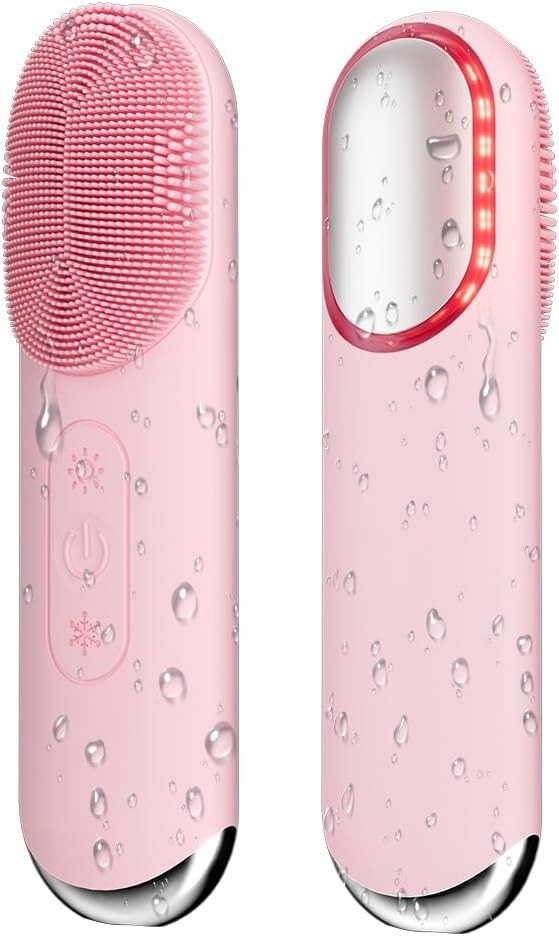 Vibrating Heating Face Cleansing Silicone Brush, Red & Blue Light, PINK Brush