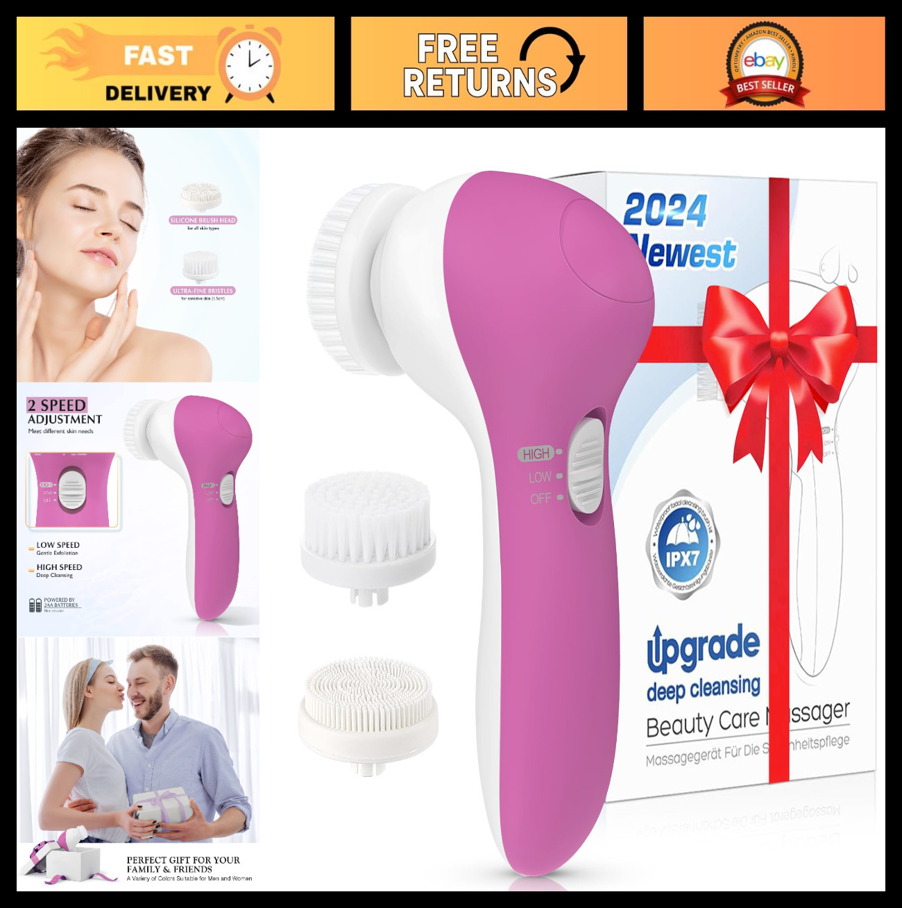 2-in-1 Electric Facial Cleansing Brush & Exfoliator – Waterproof Silicone Scrubb