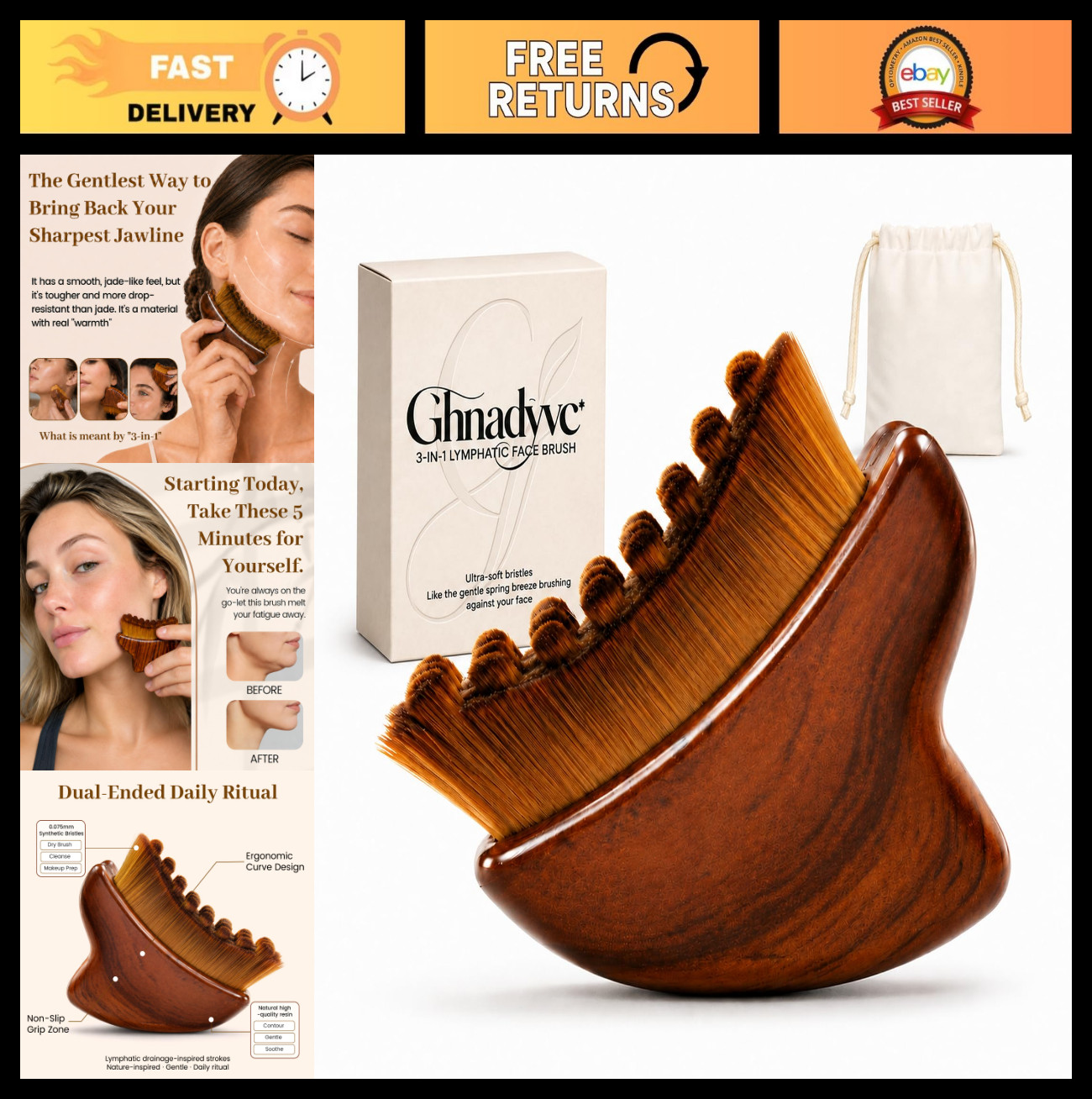 3-in-1 Lymphatic Face Massager Brush, Gua Sha Tool for De-Puffing & Sculpting