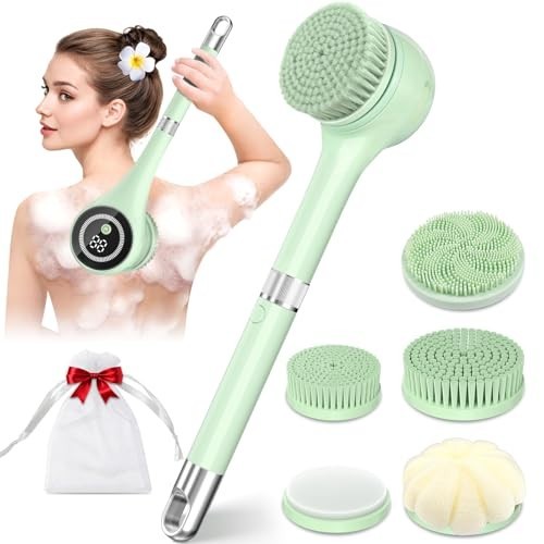 Waterproof Electric Body Brush with Long Handle, 5 Heads, 3-Speed Rechargeable,
