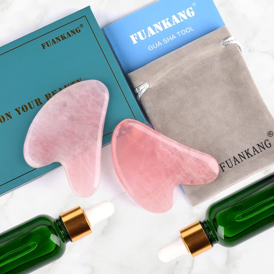 FUANKANG Gua Sha Facial Tools, Rose Quartz GuaSha Stone Massage Tool for
