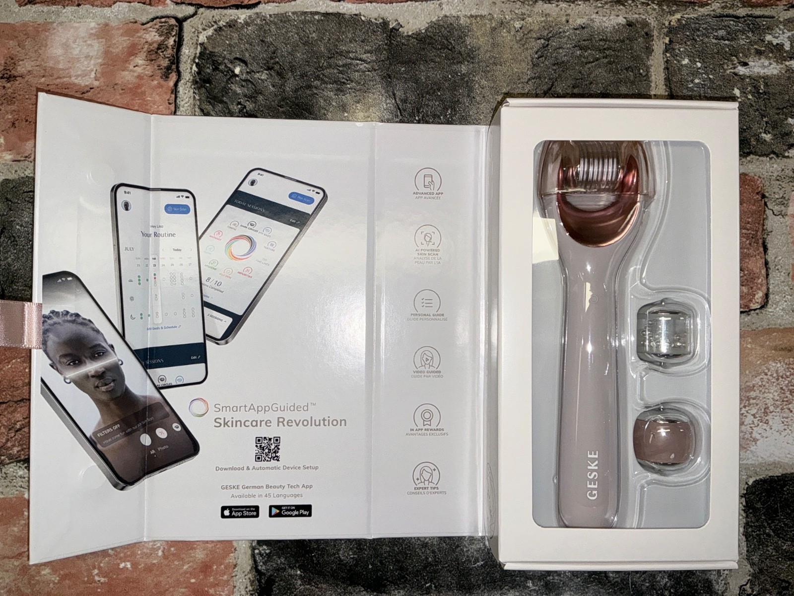 GESKE Smart MicroNeedle Face Roller 9 in 1 Rechargeable Rose Quartz Cooling NIB