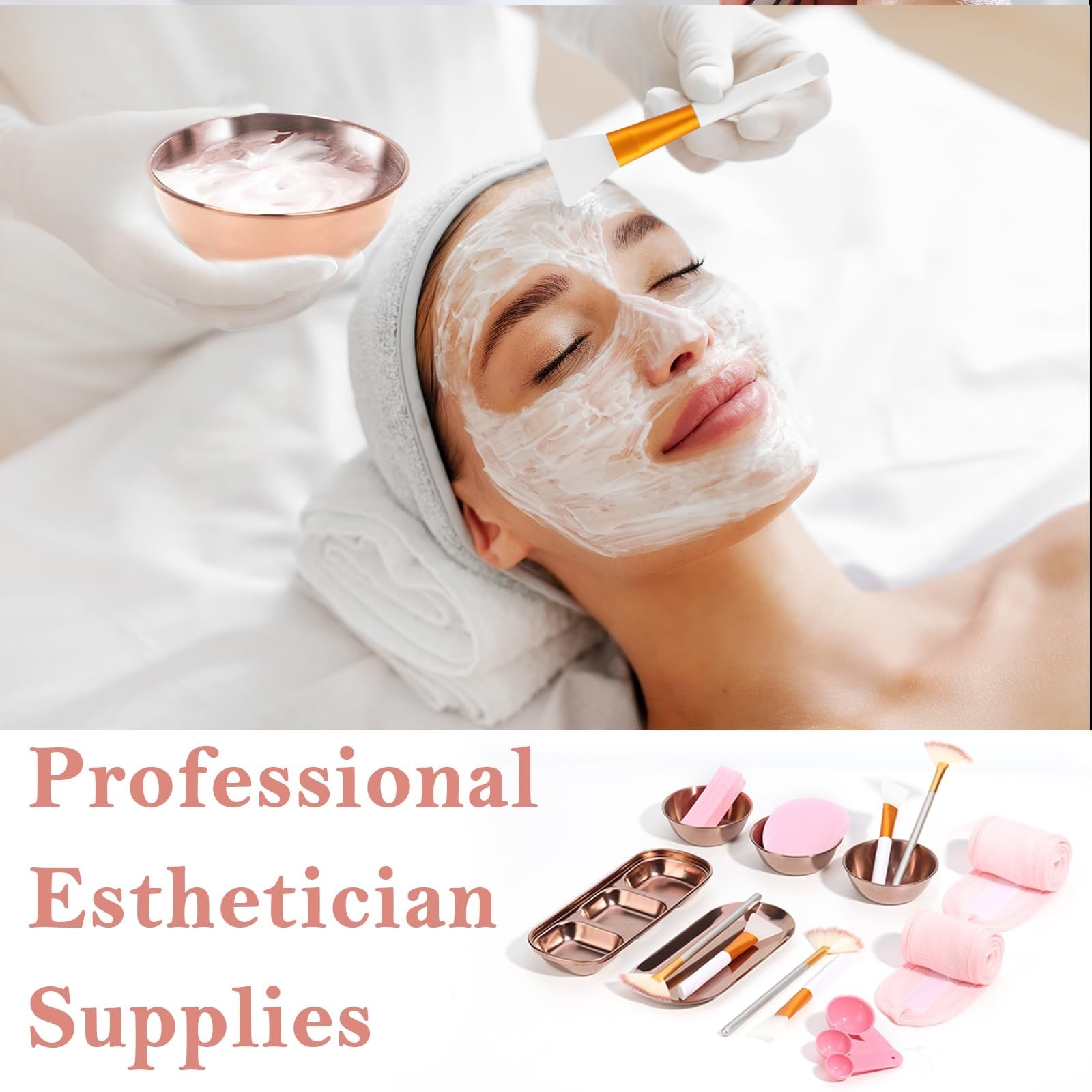 28 Rose Gold Facial Supplies Set – Mixing Bowls, Brushes, Spoons, Sponges & Tray