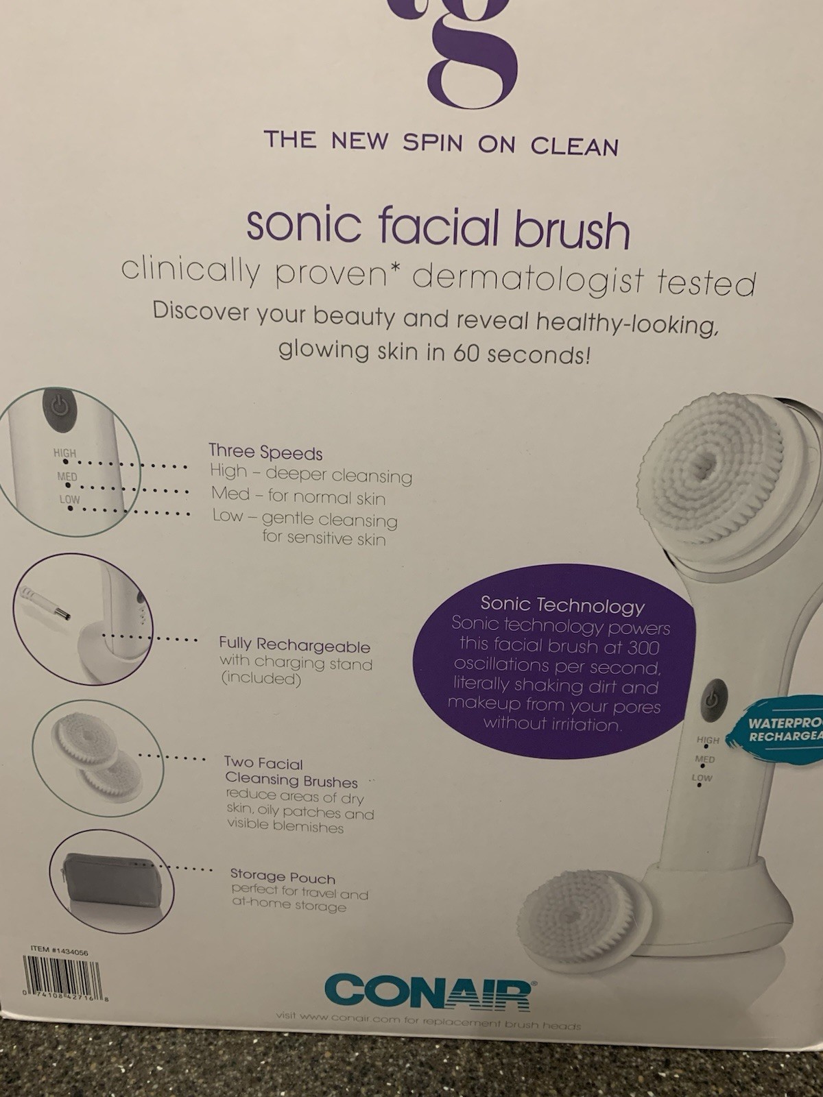 Conair True Glow Sonic Facial Brush Kit Waterproof Rechargeable 3-Speed White