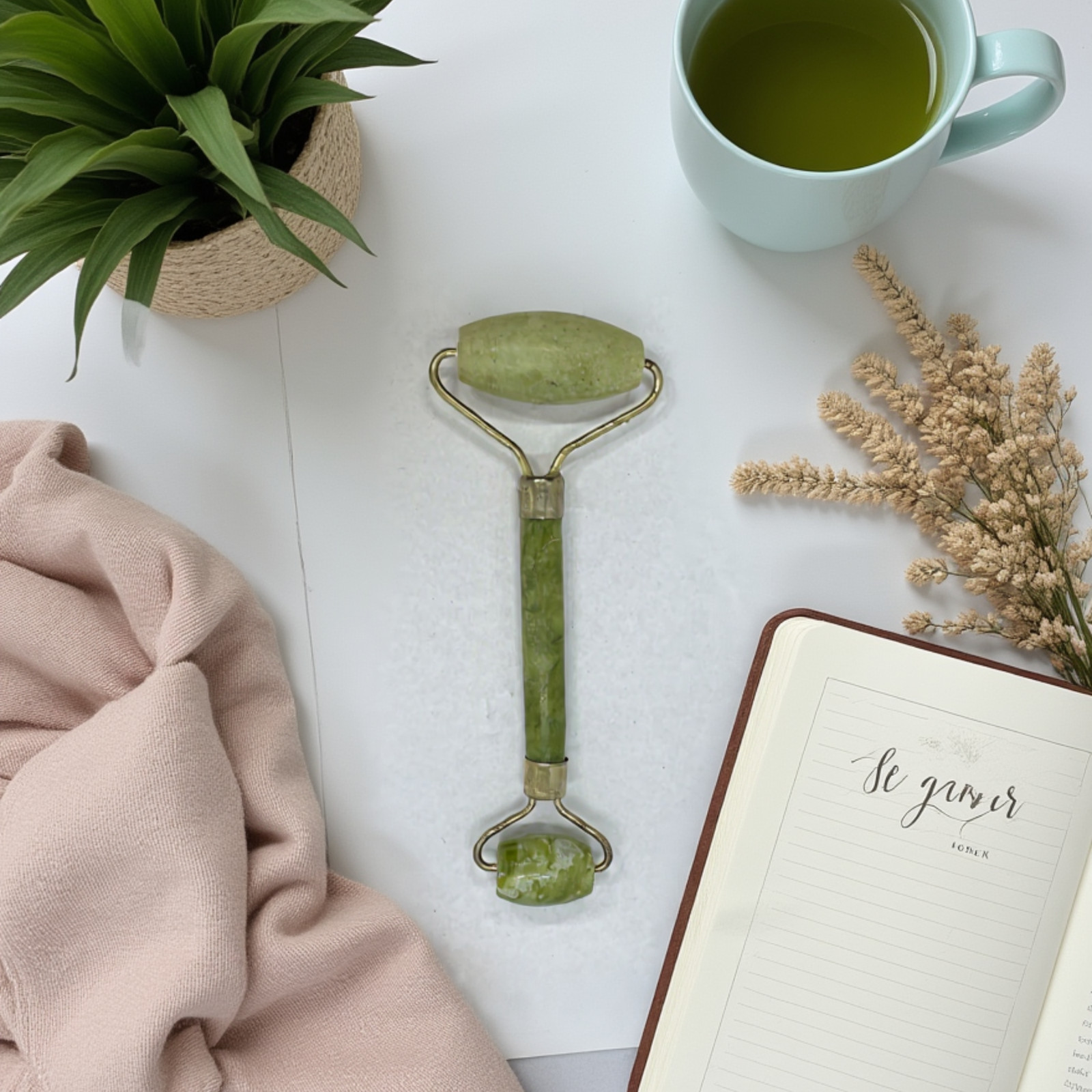 Natural Real Jade Facial Roller – Light Green Stone, Cooling Massage