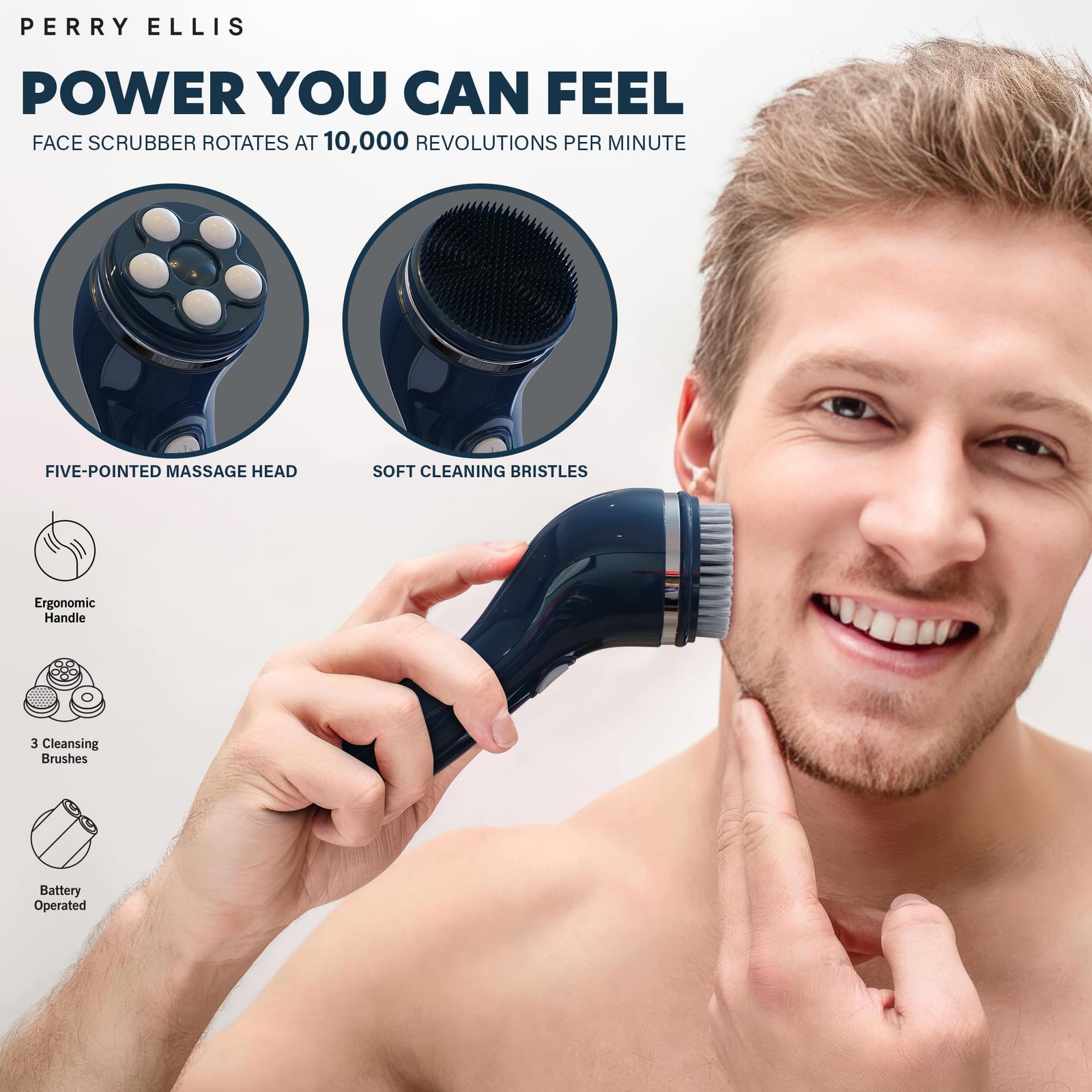 Perry Ellis 4-in-1 Cordless Massage and Cleansing Set with 4 Brush Heads, Exf…