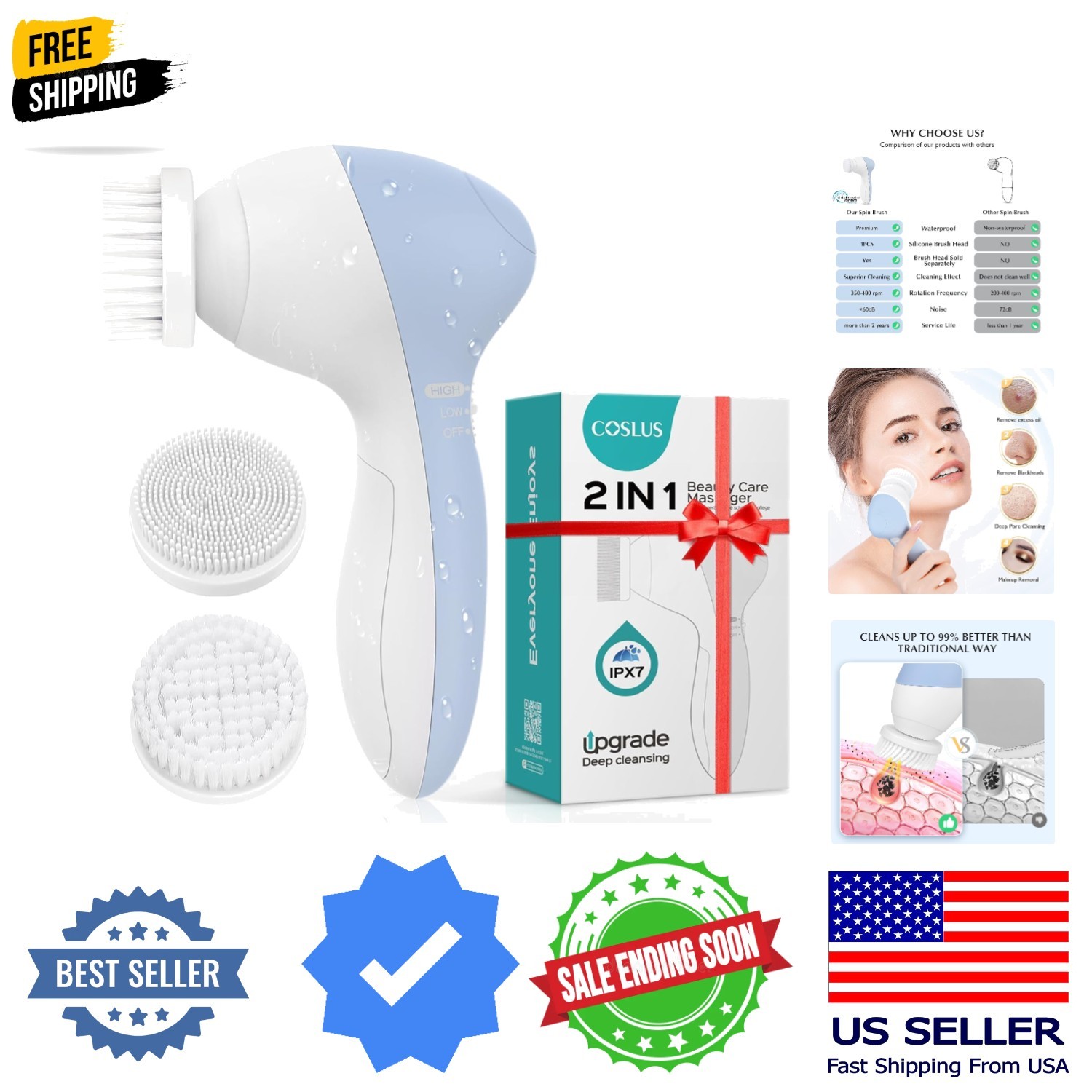 Facial Cleansing Brush Silicone Face Scrubber: 2 in1 FBS-D Electric Exfoliati…