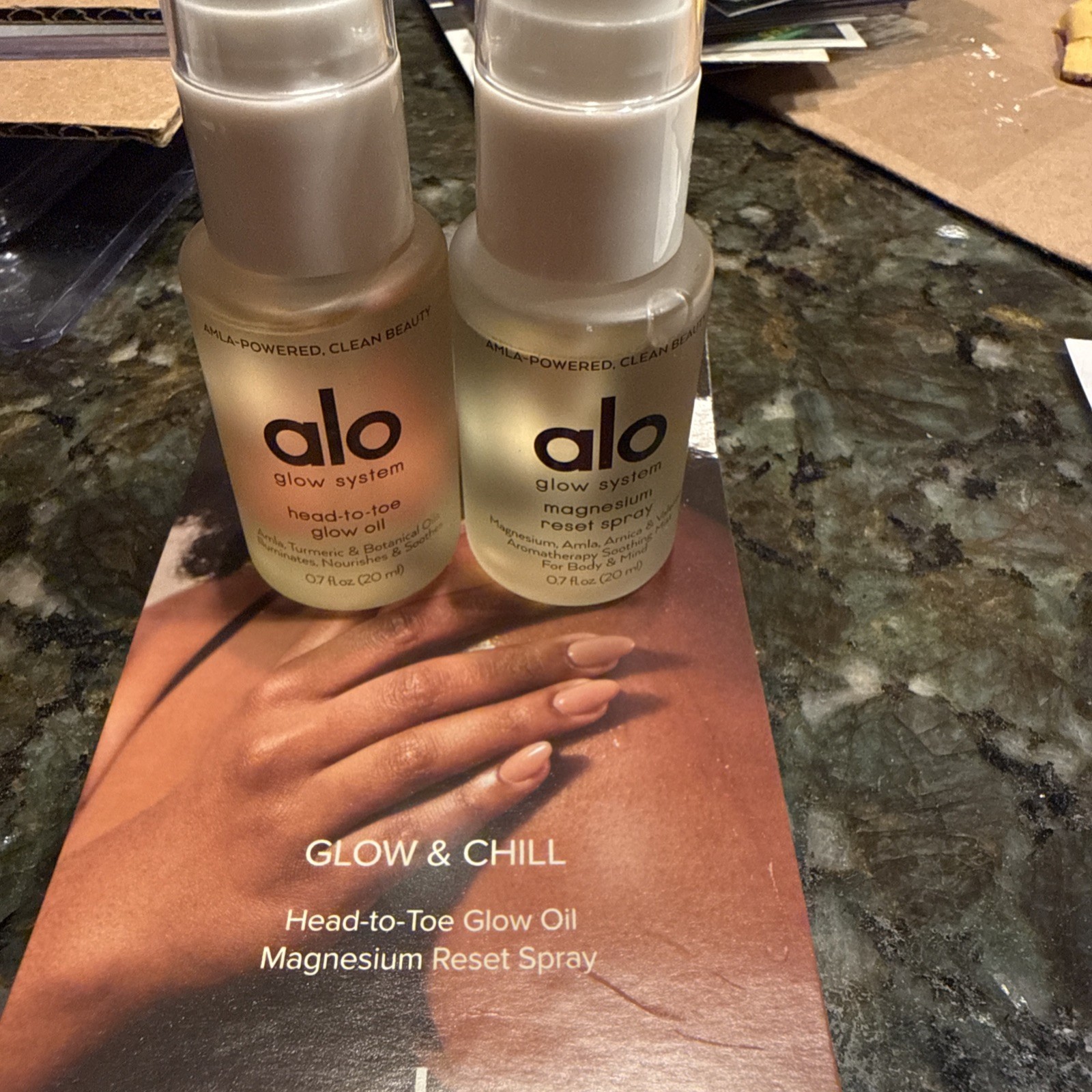 Alo Best Seller Mini Duo Glow System Magnesium Reset Spray & Glow Oil New .7 oz