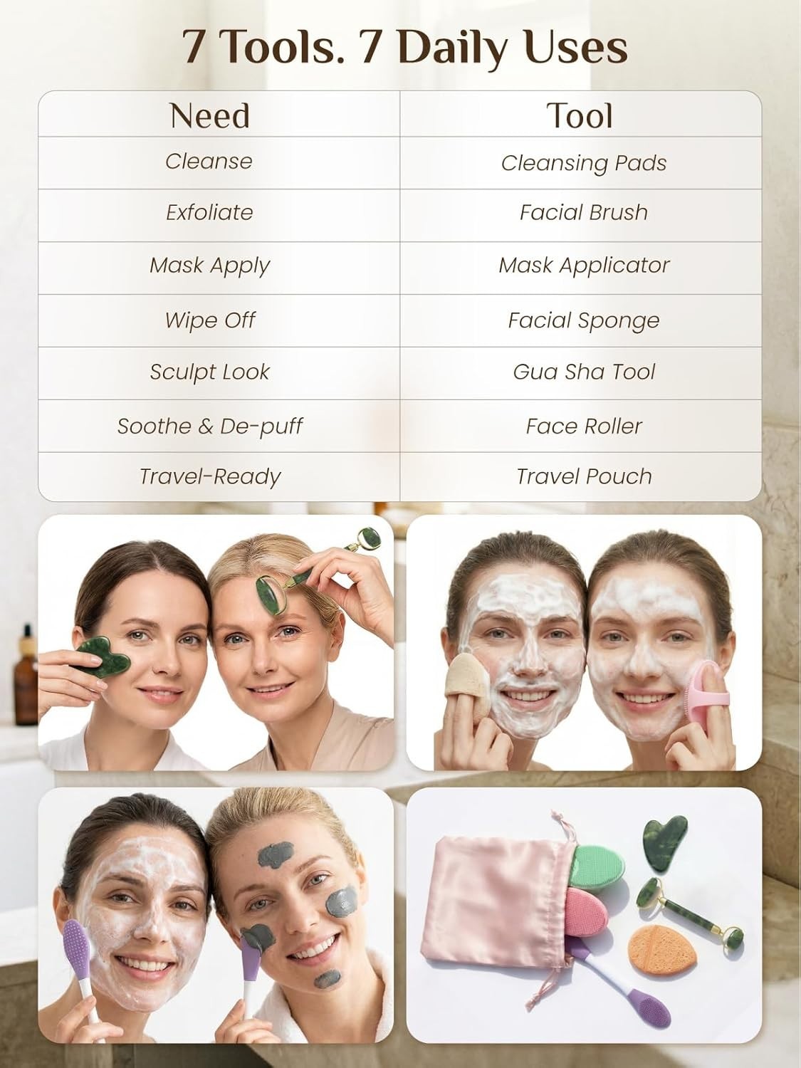 Face Roller Set Skin Care Tools Cleansing Brush Silicone Pads Travel Bag