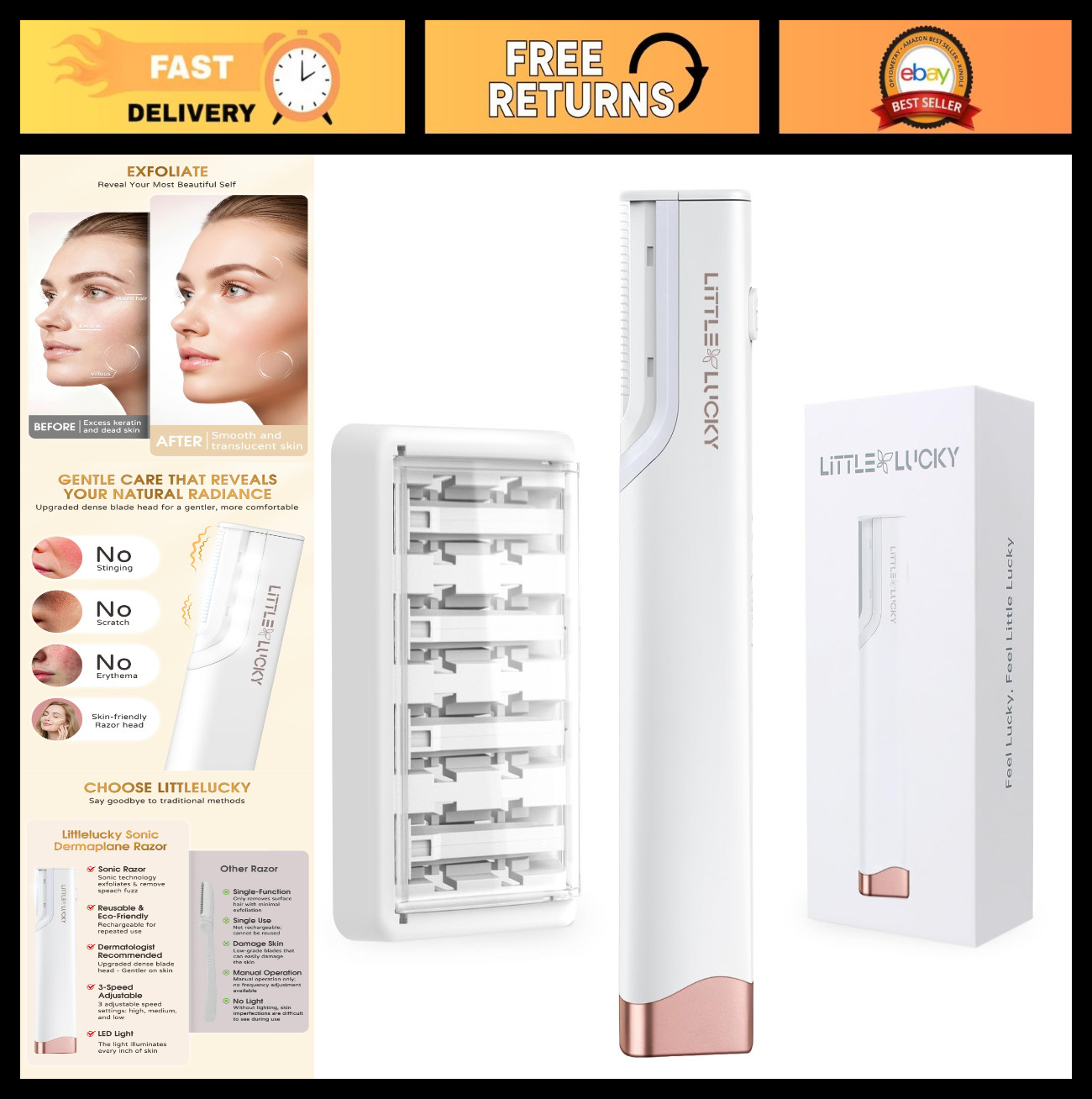 Rechargeable Sonic Dermaplaning Tool with LED Light, 3 Speed Levels, 5 Blades –