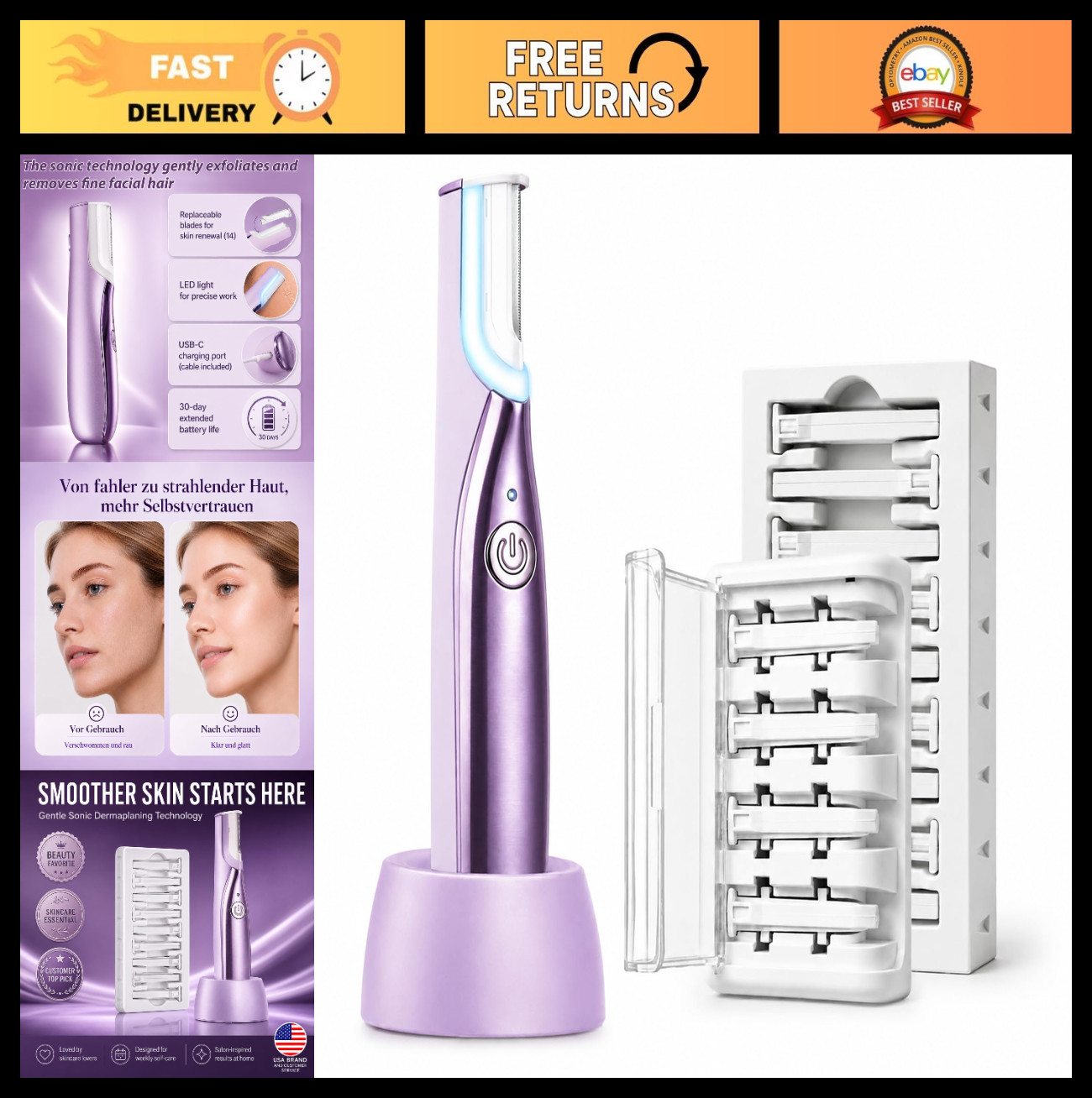 Rechargeable Dermaplane Razor for Women – 14 Blades, 3 Speeds, LED Light, Exfoli