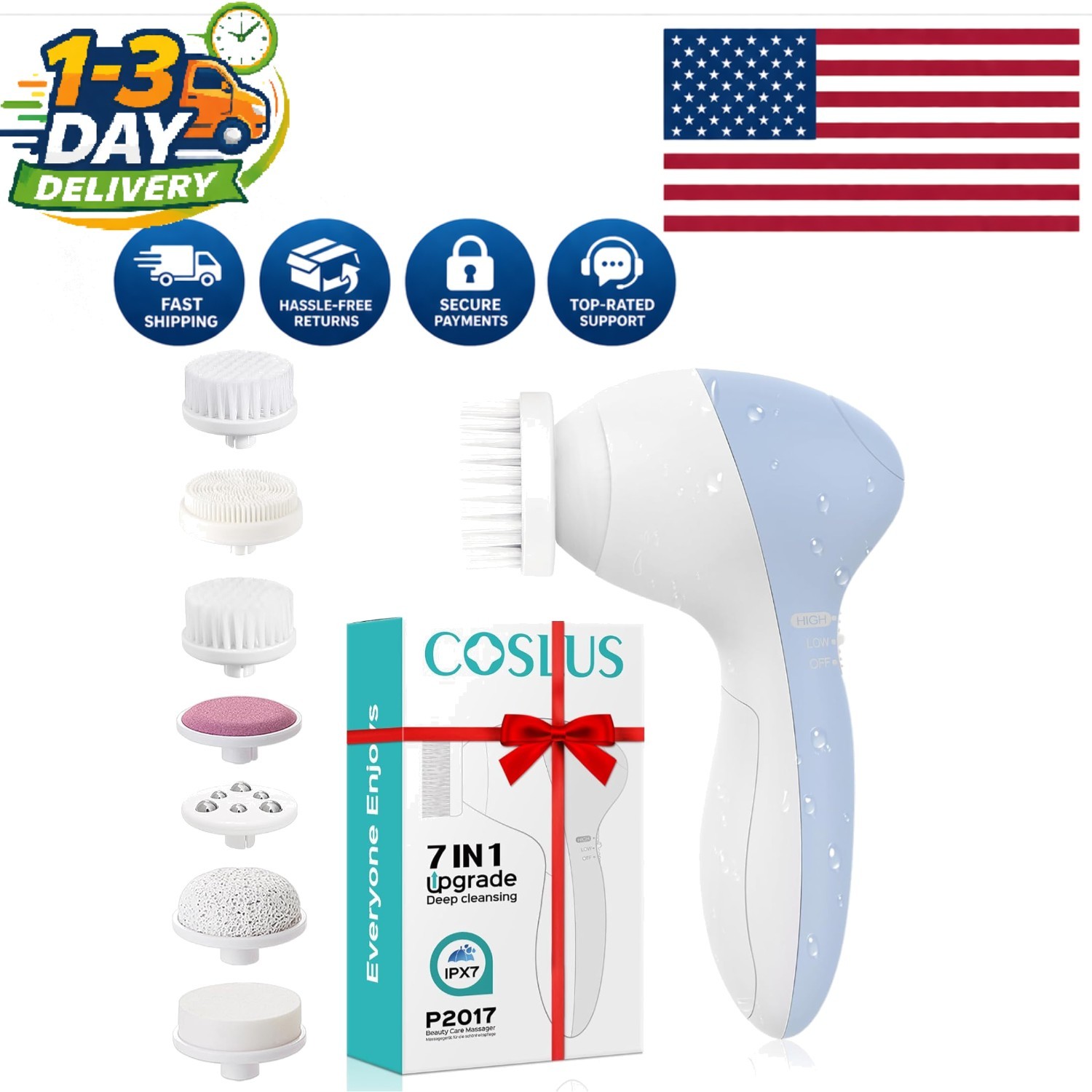 Portable Silicone Face Scrubber: Electric Exfoliating Brush with 7 Brush Heads