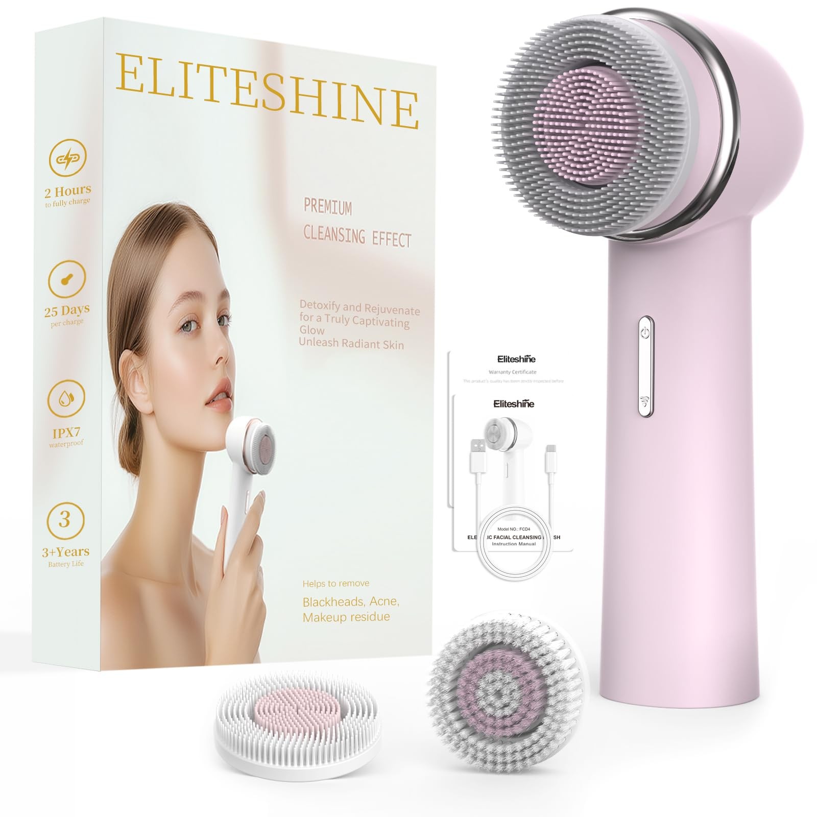 Cleanser Brush Equipped with Dual-Rotating Silicone and Bristle Brushheads,Re…