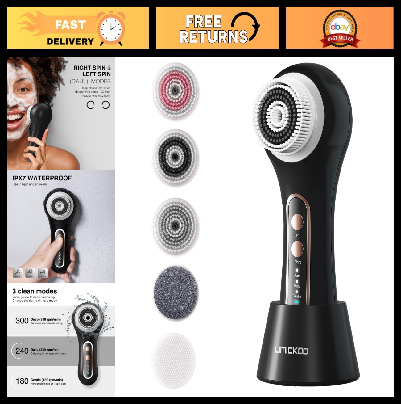 Electric Facial Cleansing Brush – 2-Way Rotating Scrubber, 3 Modes, 5 Heads, Wat