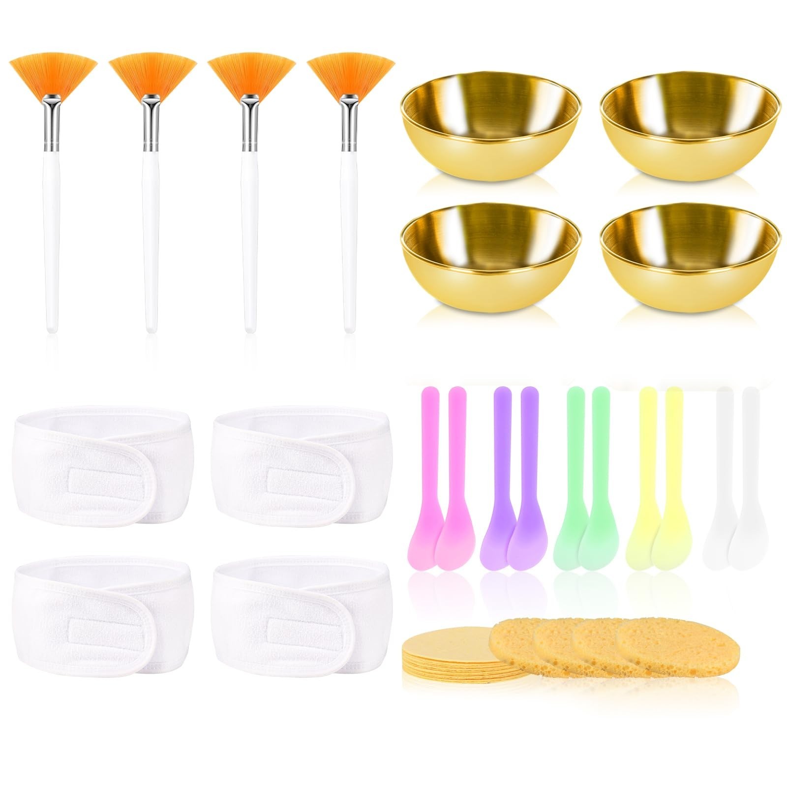 34 Pcs Facial Supplies Set: Gold Bowls, Mud Mask Applicators, Brushes & Sponges