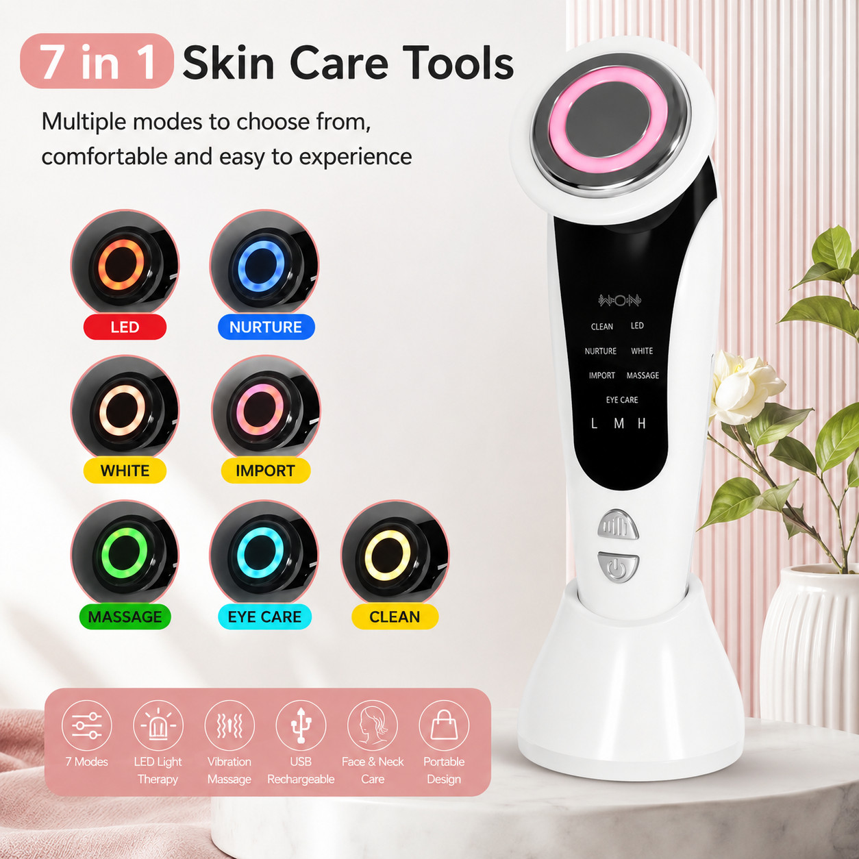 7-in-1 LED Facial Neck Massager USB Rechargeable Skin Care Beauty Device Tool