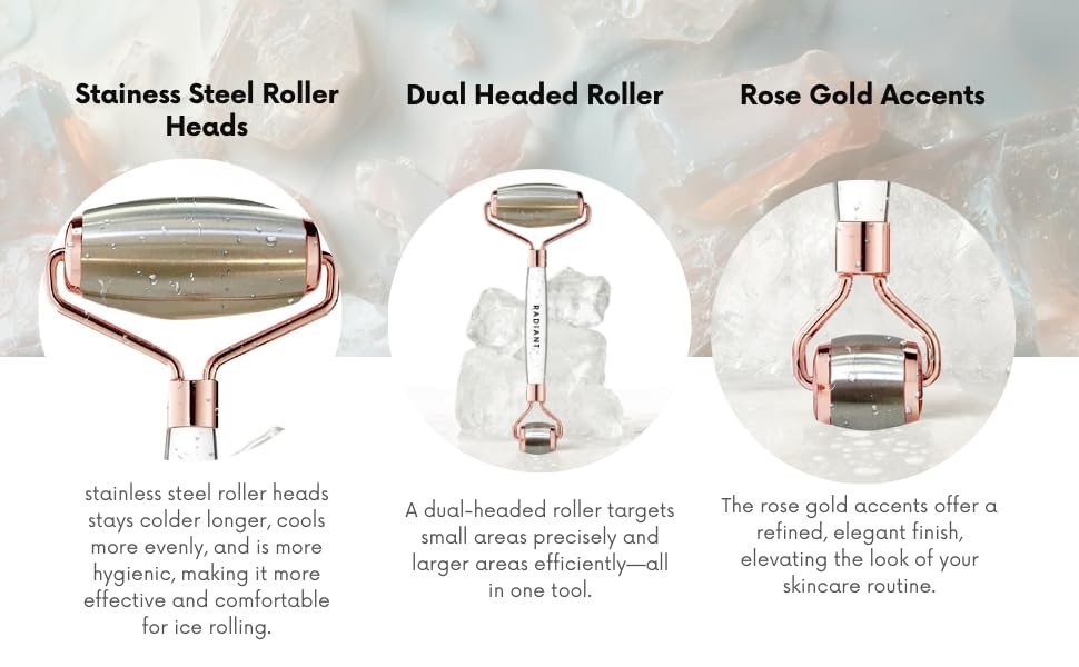 Radiant Skin Essentials Ice Roller for Face, Dual-Head Stainless Rose Gold