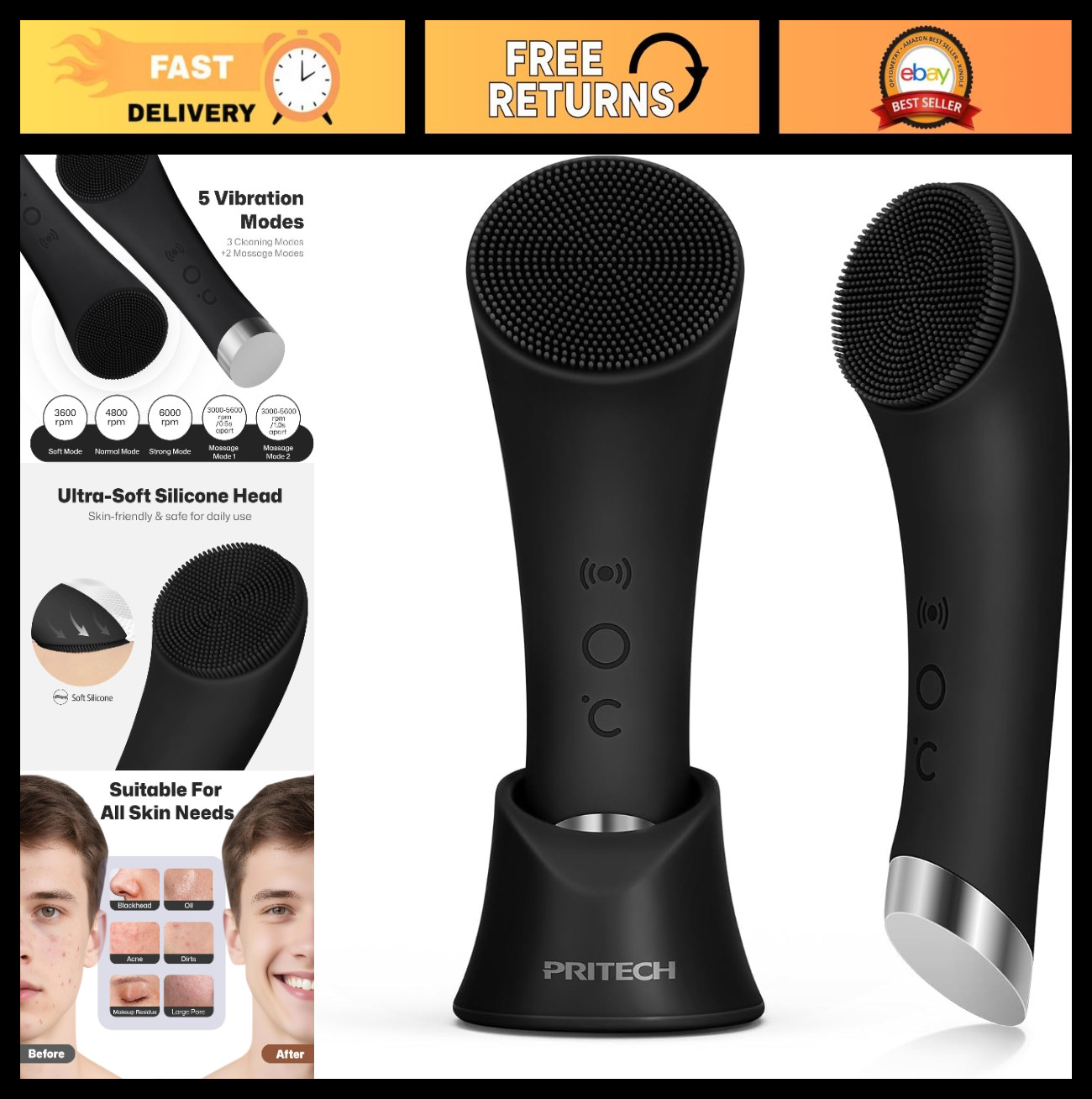 Rechargeable Silicone Facial Cleansing Brush with Heat Massage & Vibration, Wate