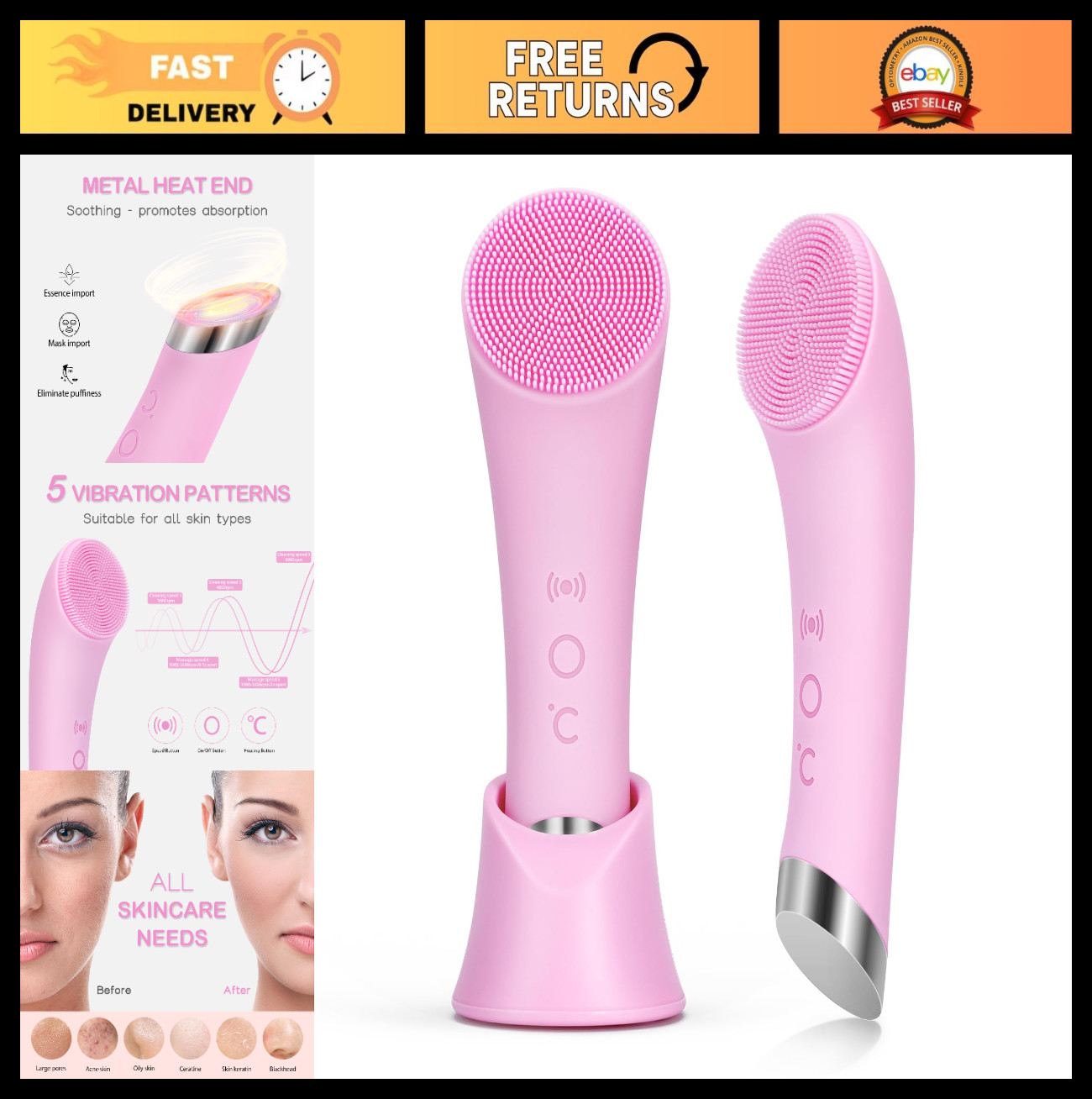 Rechargeable Silicone Facial Cleansing Brush with Heat Massage & Vibration, Wate