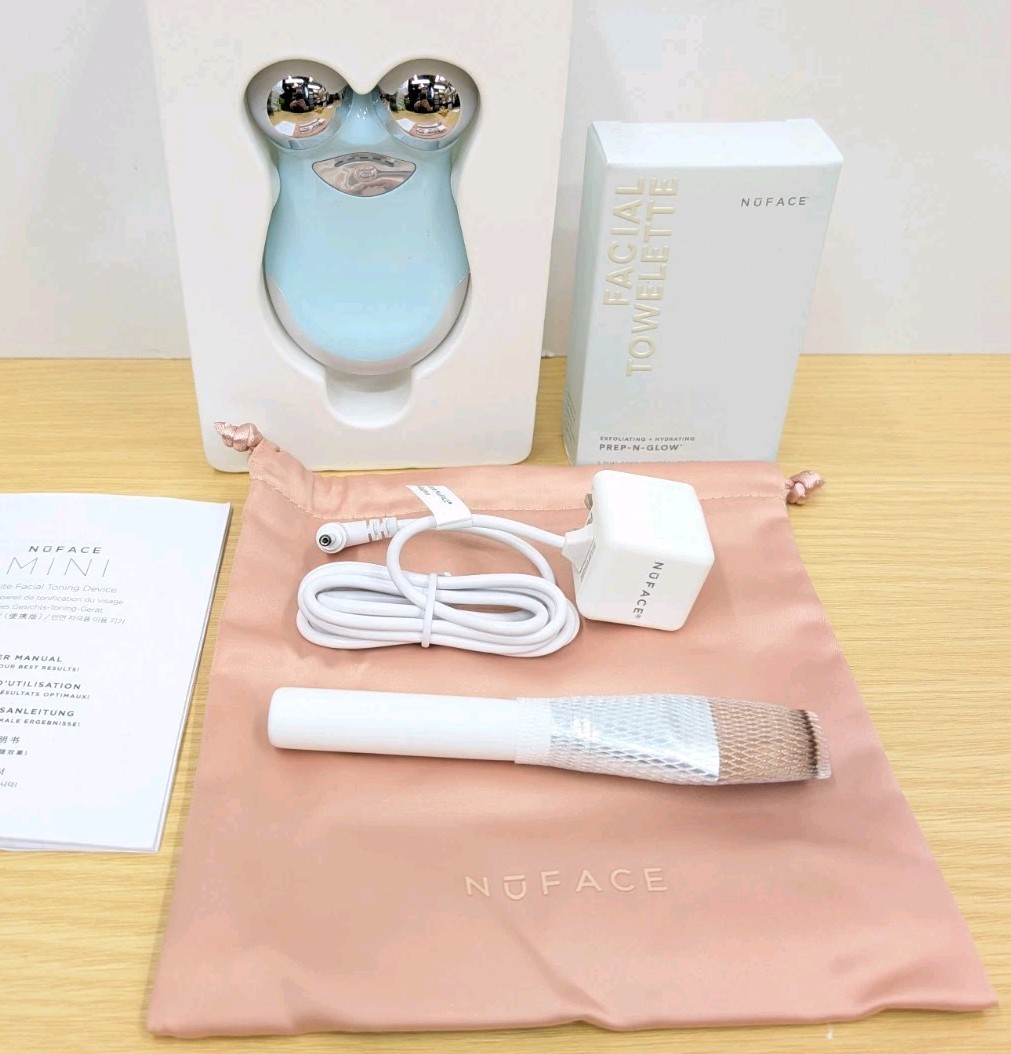 NuFACE Mini Petite Facial Toning Device Blue w/Charging Cord Carrying Bag Brush