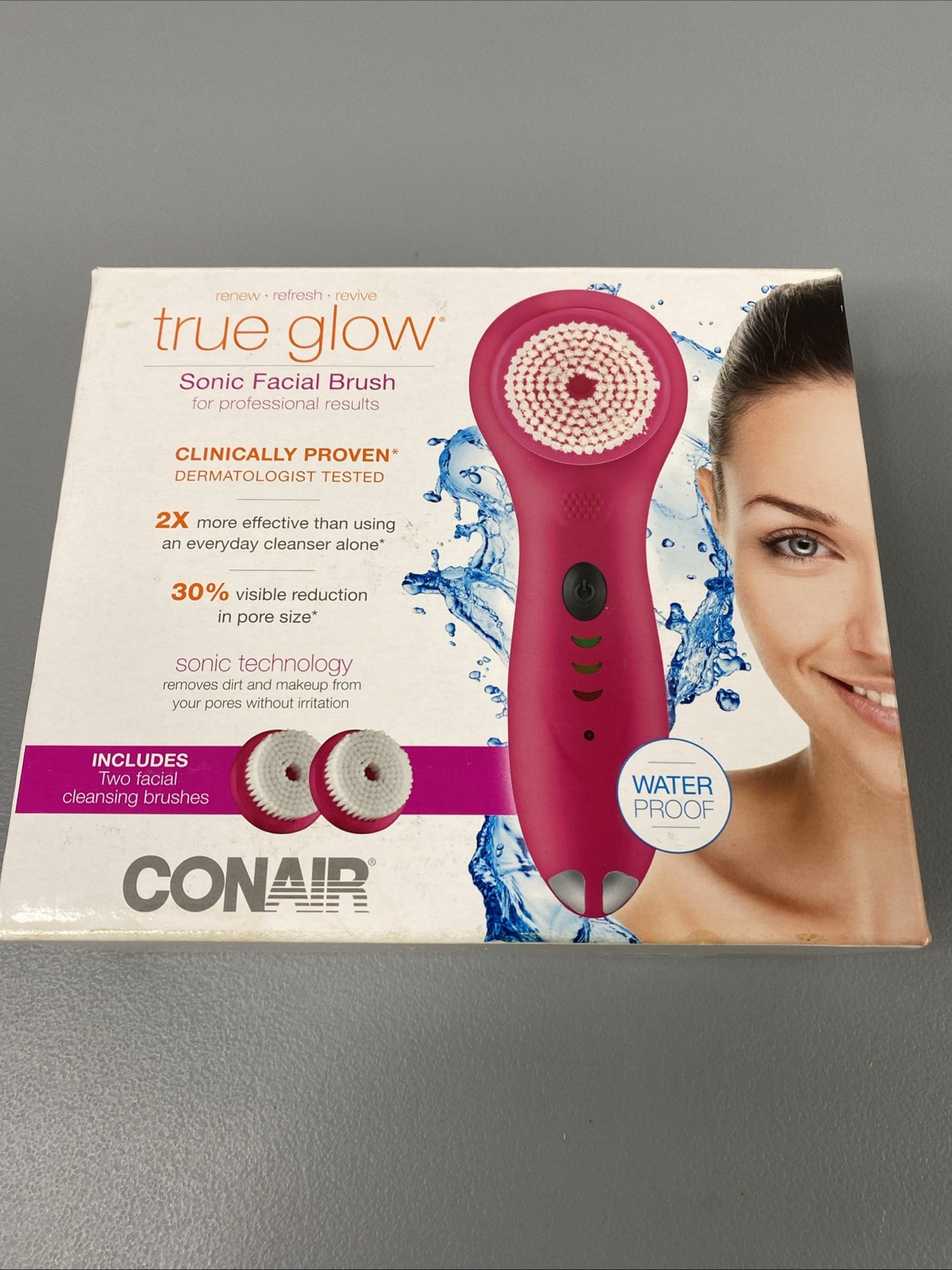 Conair True Glow Sonic Facial Brush Skincare Cleansing Brushes Waterproof Pink