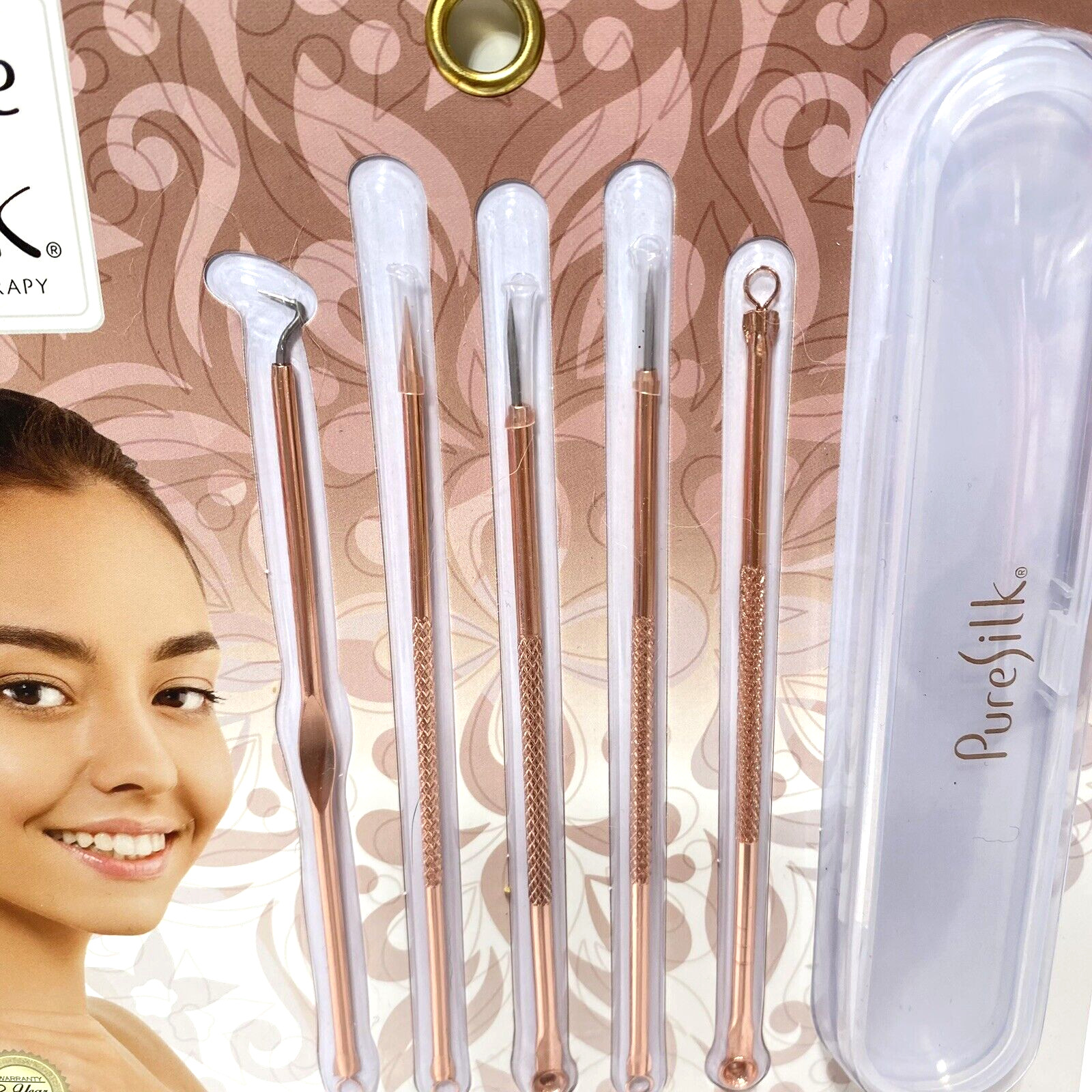 Facial Pore Cleaning Set 5pc Acne Remover Pimple Popper Kit, Rose Gold, New Silk