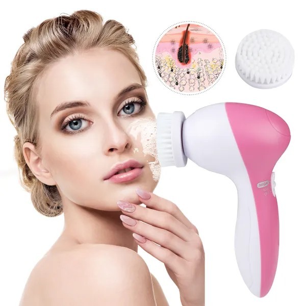 Electric Facial Cleansing Brush Waterproof Spin Face Cleaner 5 Heads Skin Care
