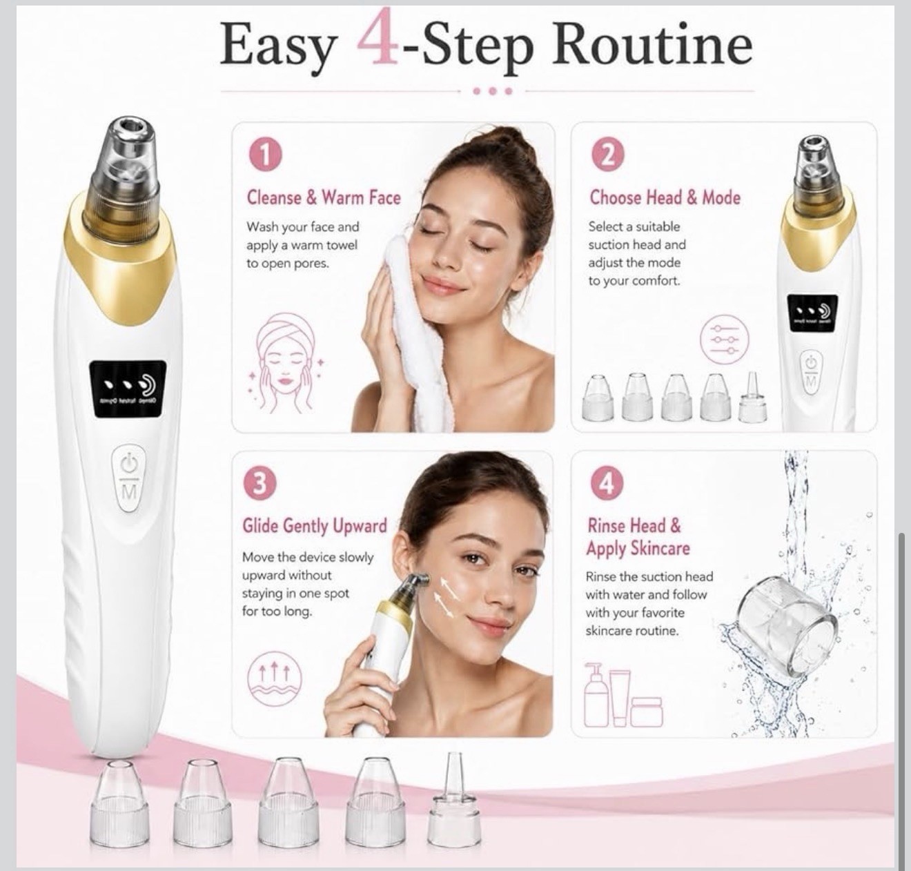 Facial Pore Vacuum Cleansing Device Blackhead Remover w/ 5 Heads White/Gold