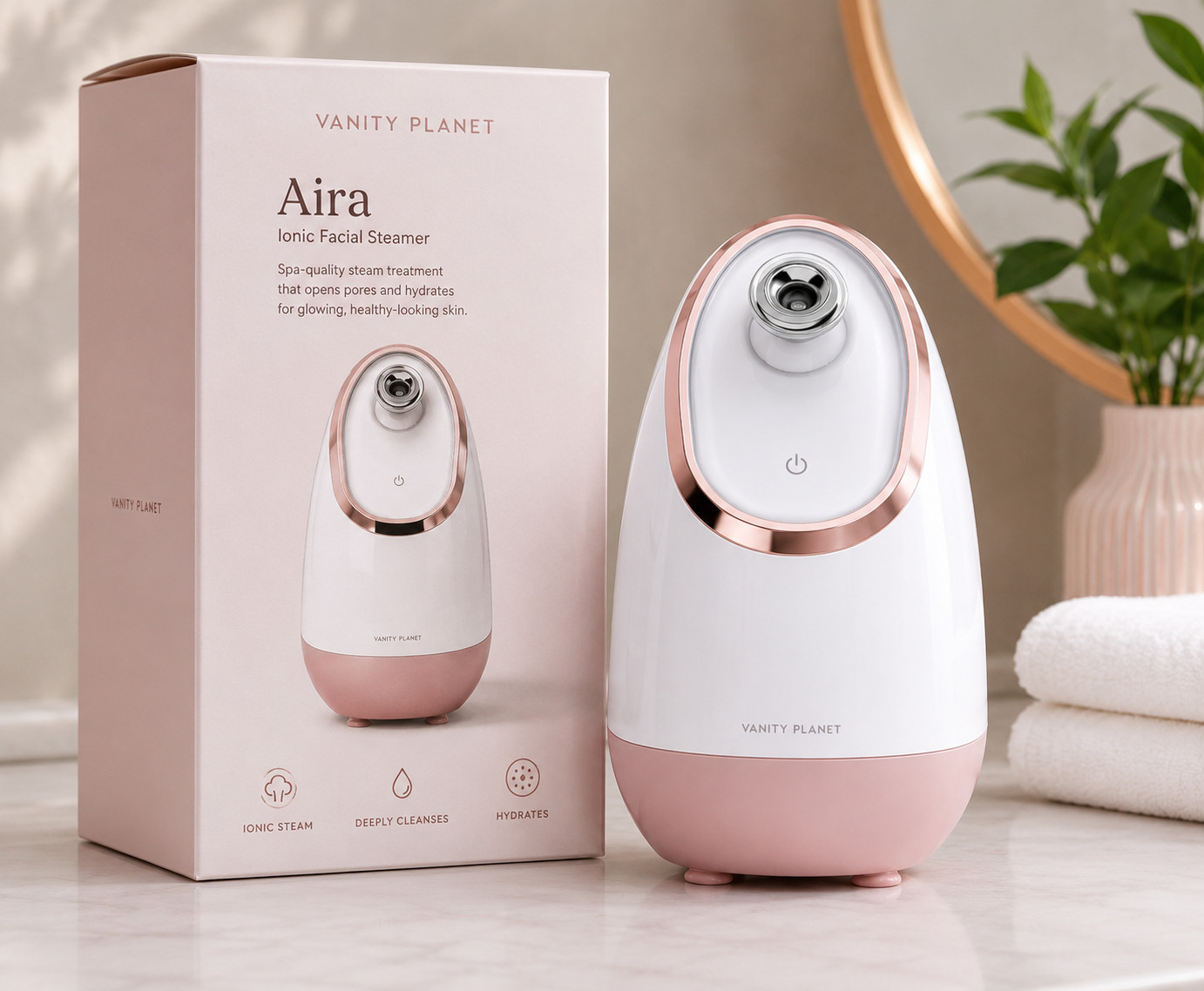 New Vanity Planet Aira Ionic Facial Steamer, Beige/Rose Gold for All Skin Types