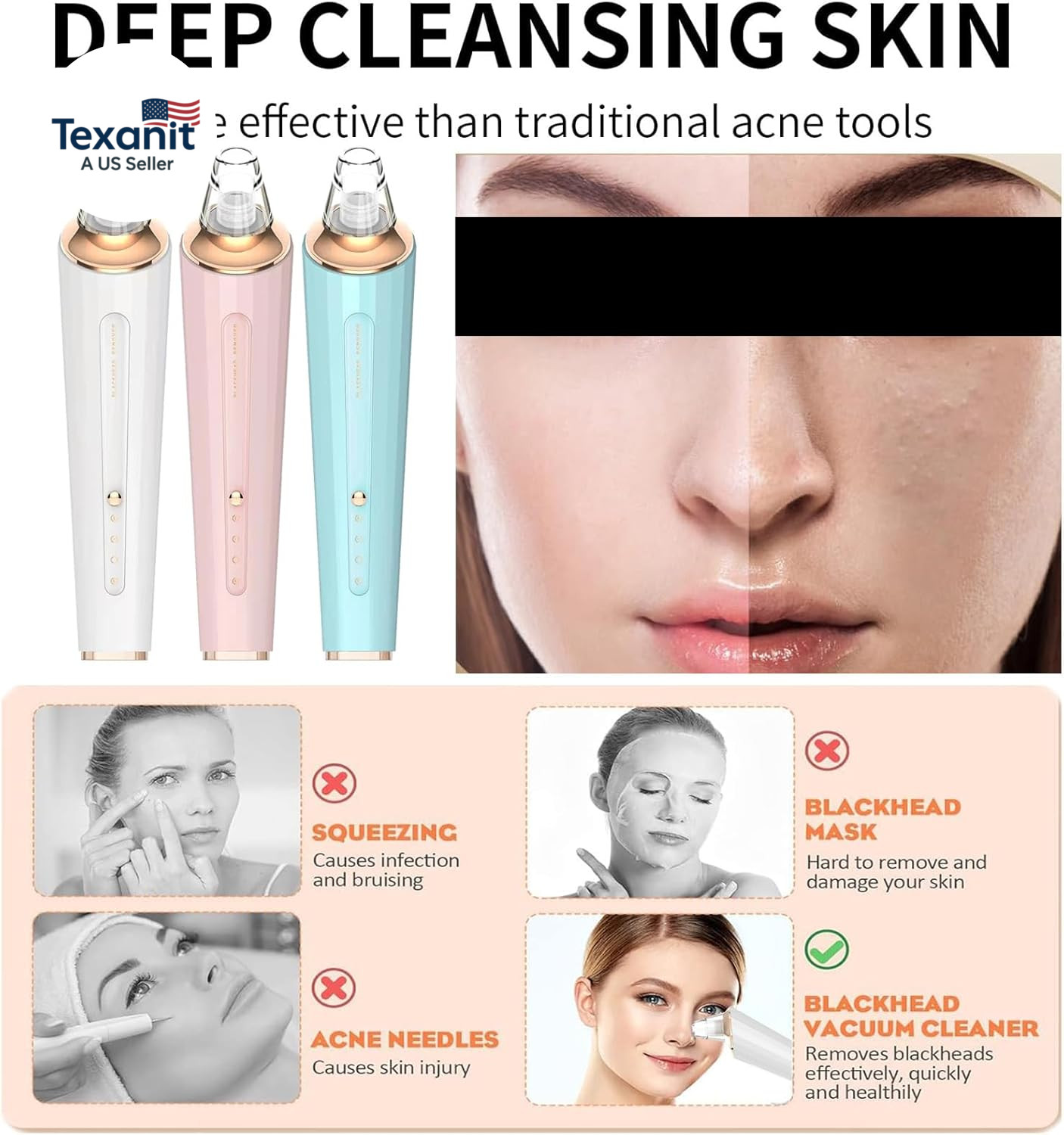 Blackhead Remover Pore Vacuum, Upgraded USB Rechargeable Facial Pore Cleaner Bla