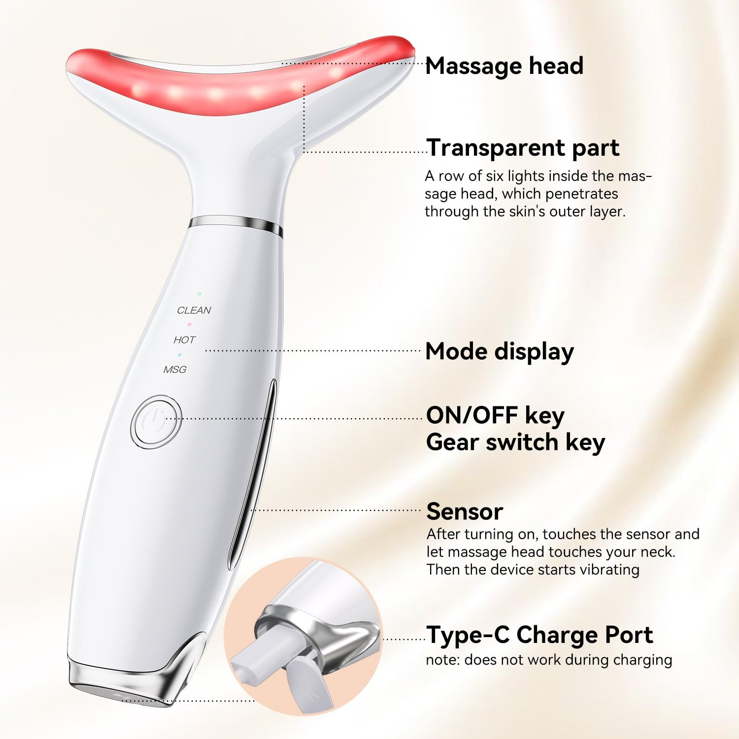 Portable 3-Mode Neck and Facial Massager for Skin Care (White)