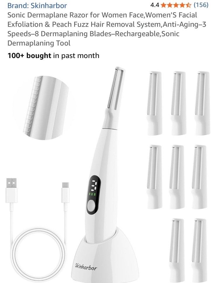 Sonic Dermaplane Razor for Women – Facial Exfoliation, Peach Fuzz, 3 Speeds, 8 !