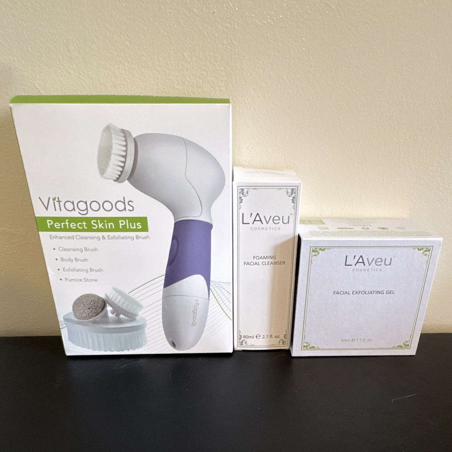 Vitagoods Electric Facial Brush, L’Aveu Facial Cleanser and Exfoliating Gel Set